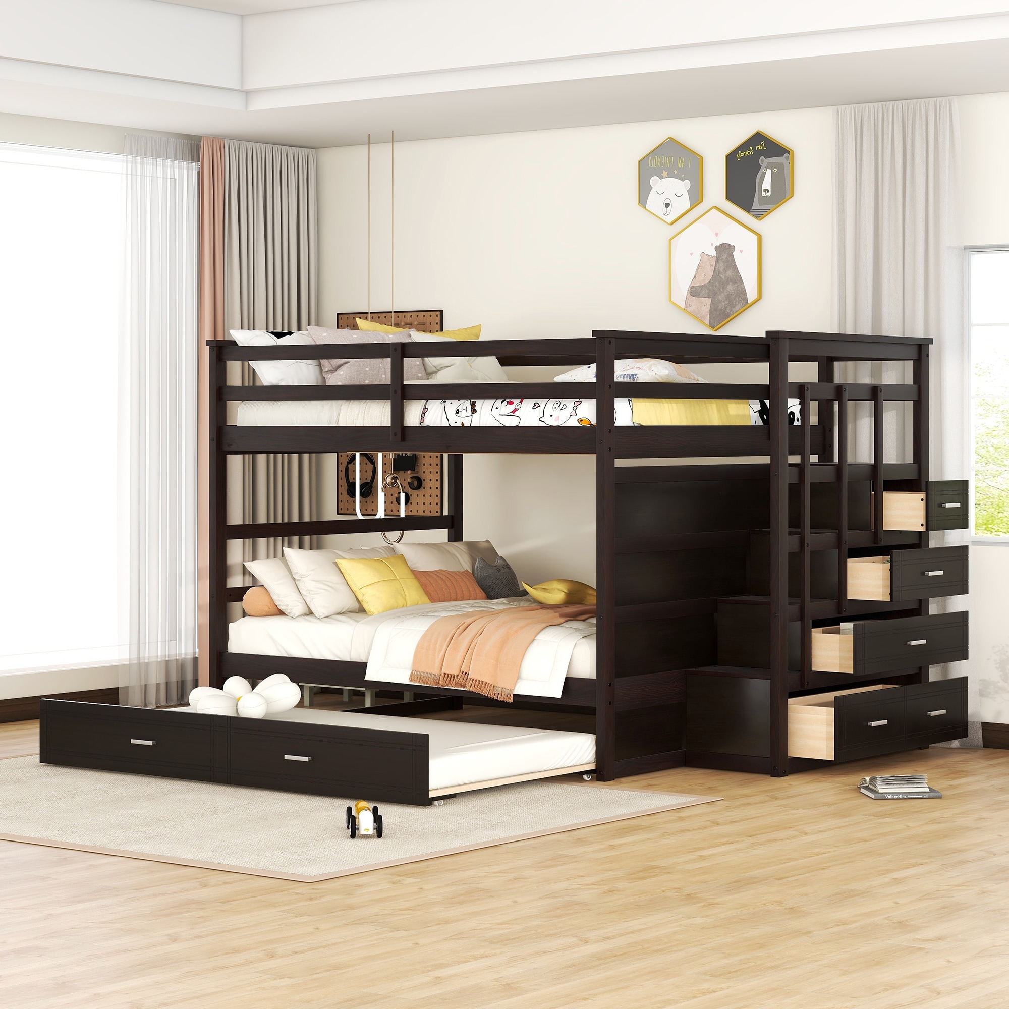 ModernLuxe LT000268AAP Full Over Full Bunk Bed with Twin Size Trundle and Staircase Espresso
