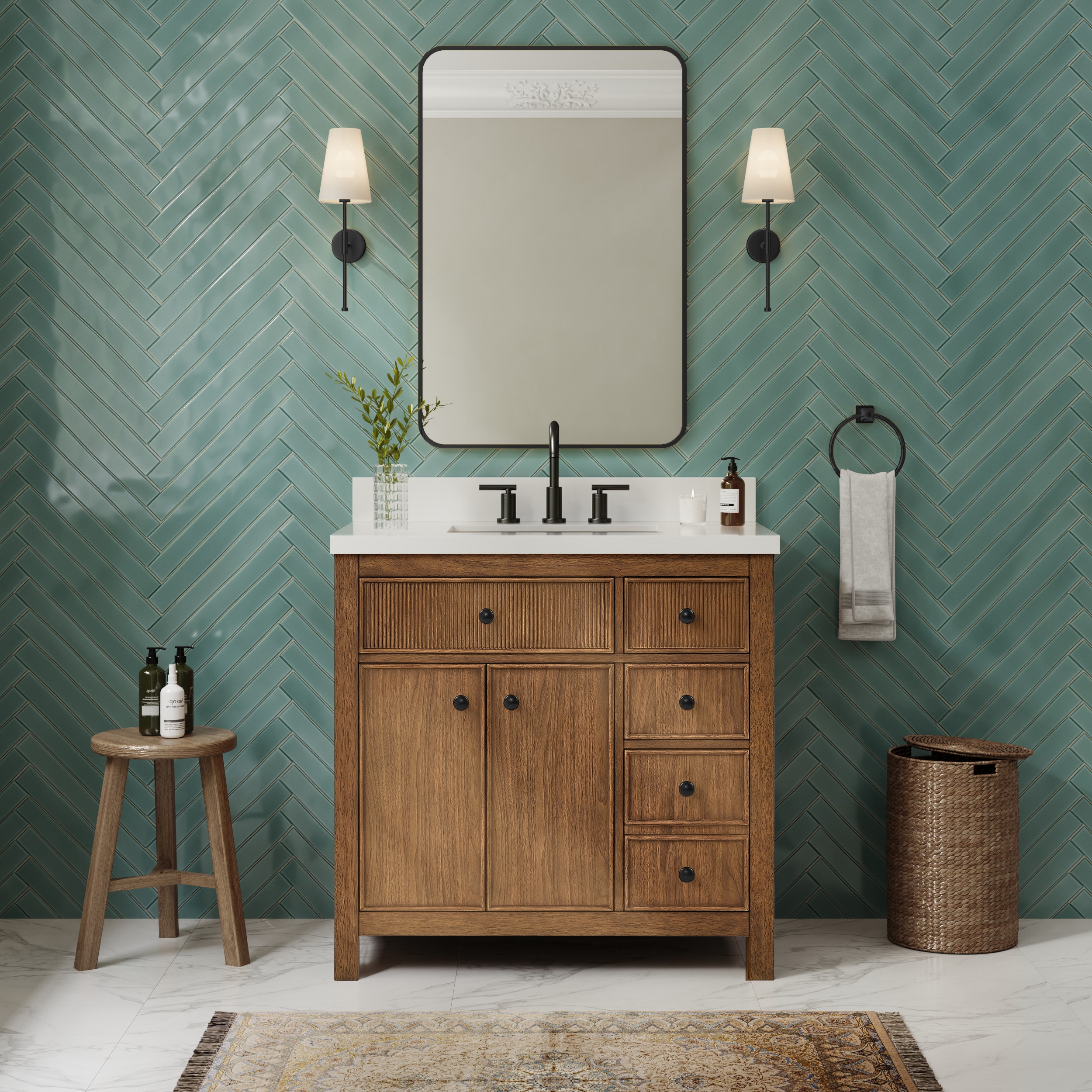 Wyndham Collection Rian 36 Inch Single Bathroom Vanity in Toasted Walnut, White Quartz Countertop, Undermount Square Sink (3-Hole), Matte Black Trim