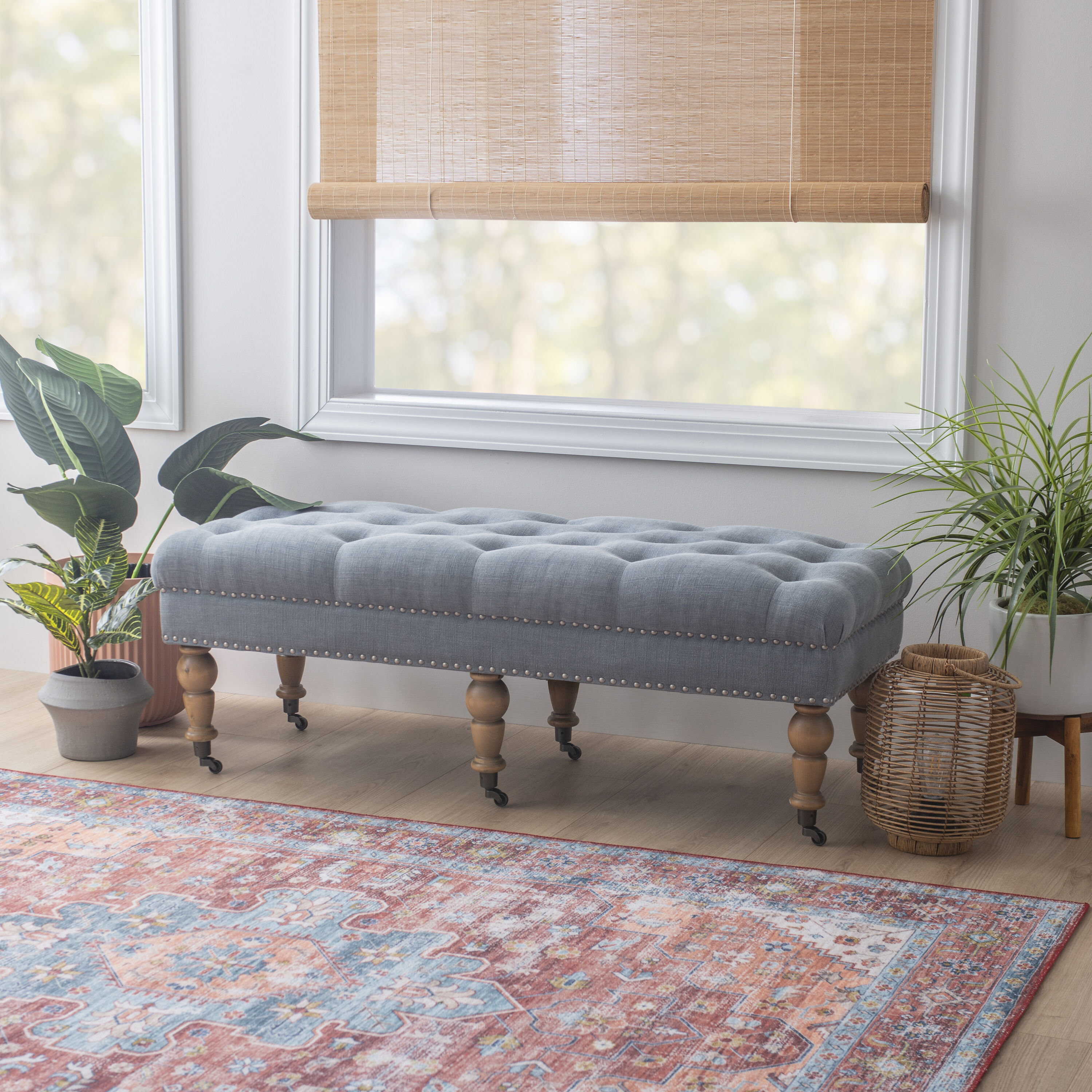 Linon 368253BLU01U Casual Washed Blue Accent Bench 50-in x 19.69-in x 17.72-in