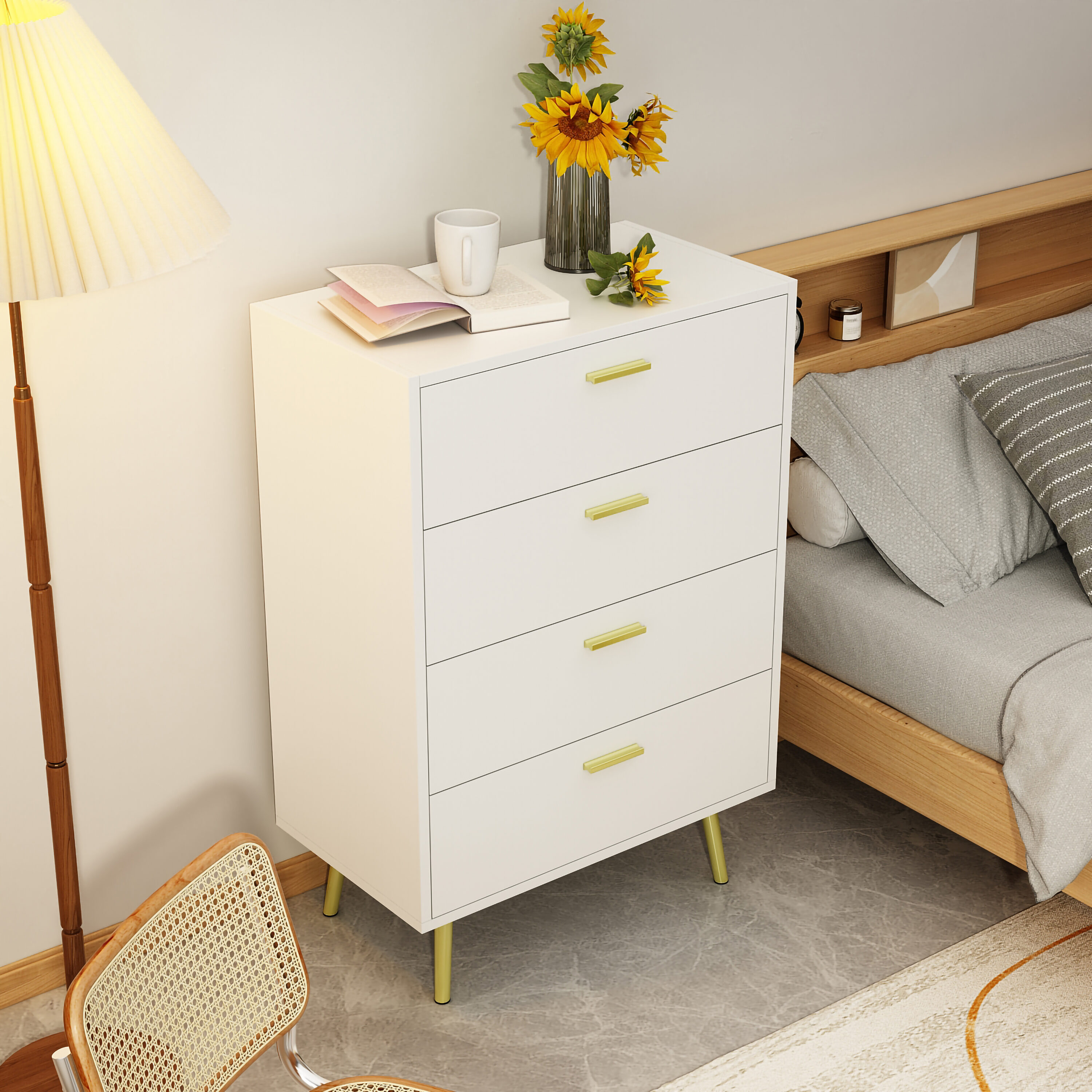 Modern White Dresser Chest with 4 Drawers | Large Storage Space | Sturdy Wood Top | Easy Assembly | Contemporary Style | - FUFU&GAGA LJY-WZ0052-02