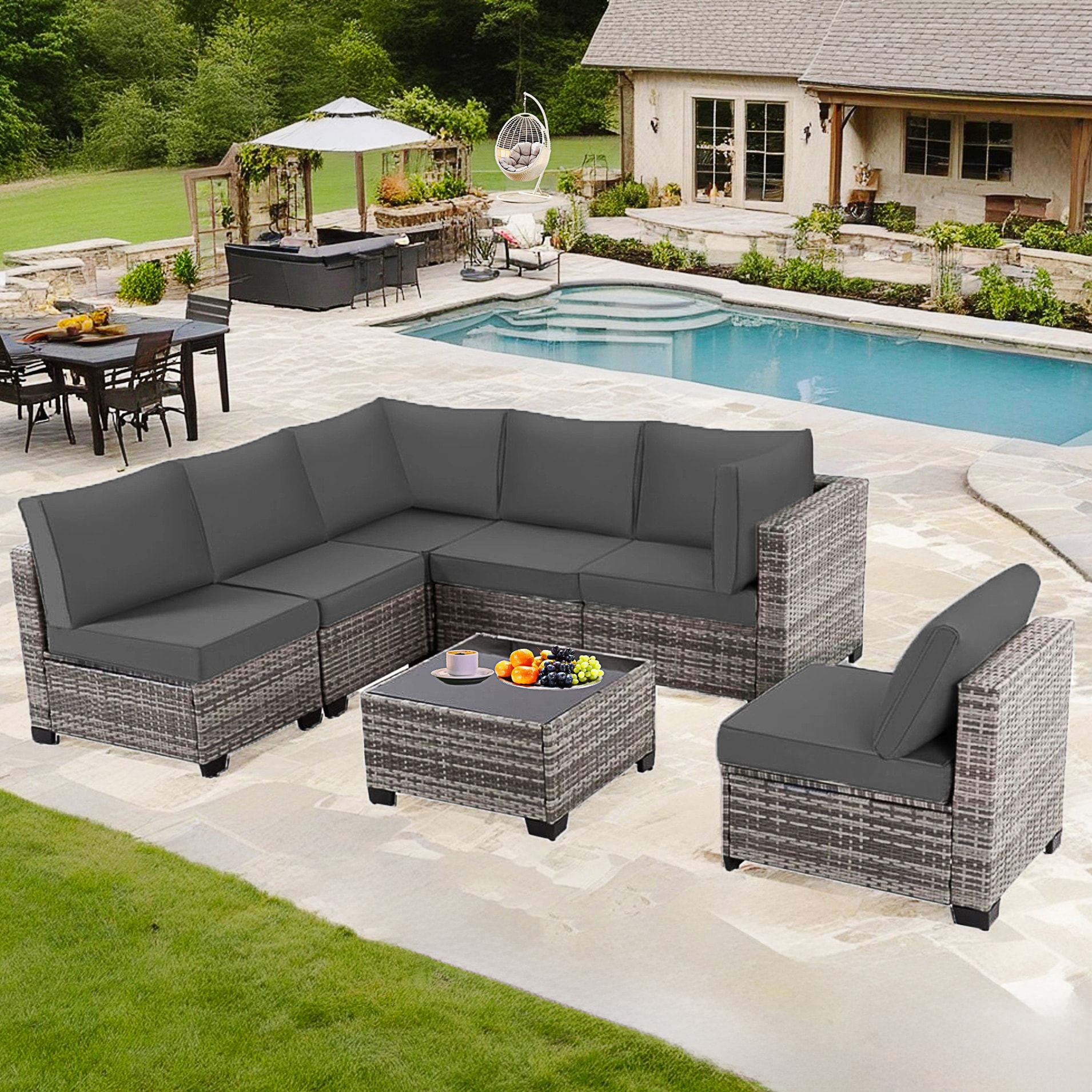 EarlGrove LS-MZ956712GYGY 7 -Piece Wicker Patio Conversation Set with Gray Cushions