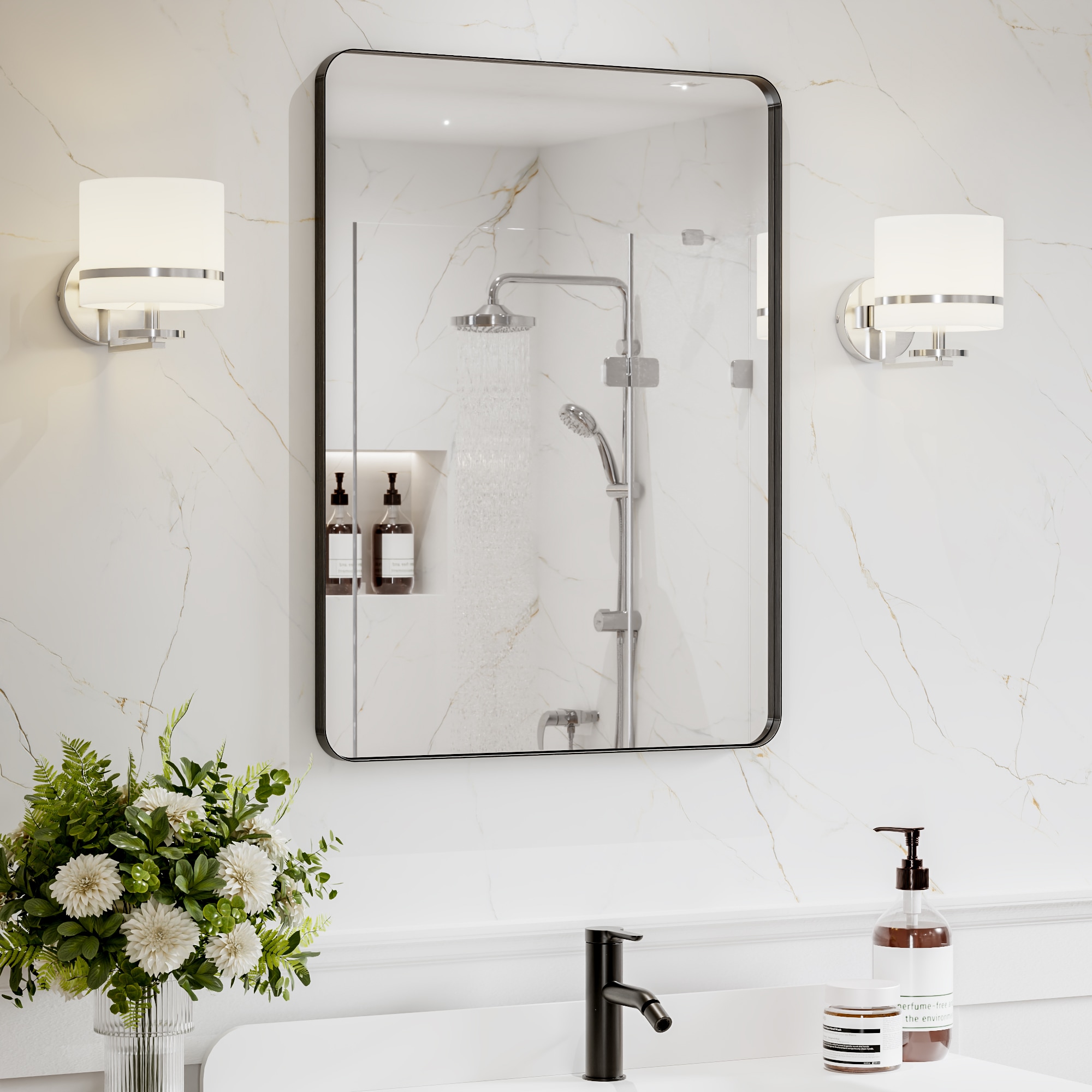 Gtnali 24-in x 32-in Framed Rectangle Bathroom Vanity Mirror ( Black )