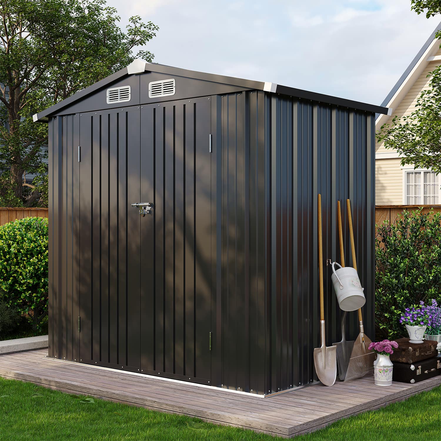 Sunmthink MSD0604-0703BK 6x4FT Outdoor Storage Shed Metal Garden Tool Shed with Sloping Roof Lockable Door for Patio Lawn Backyard Black