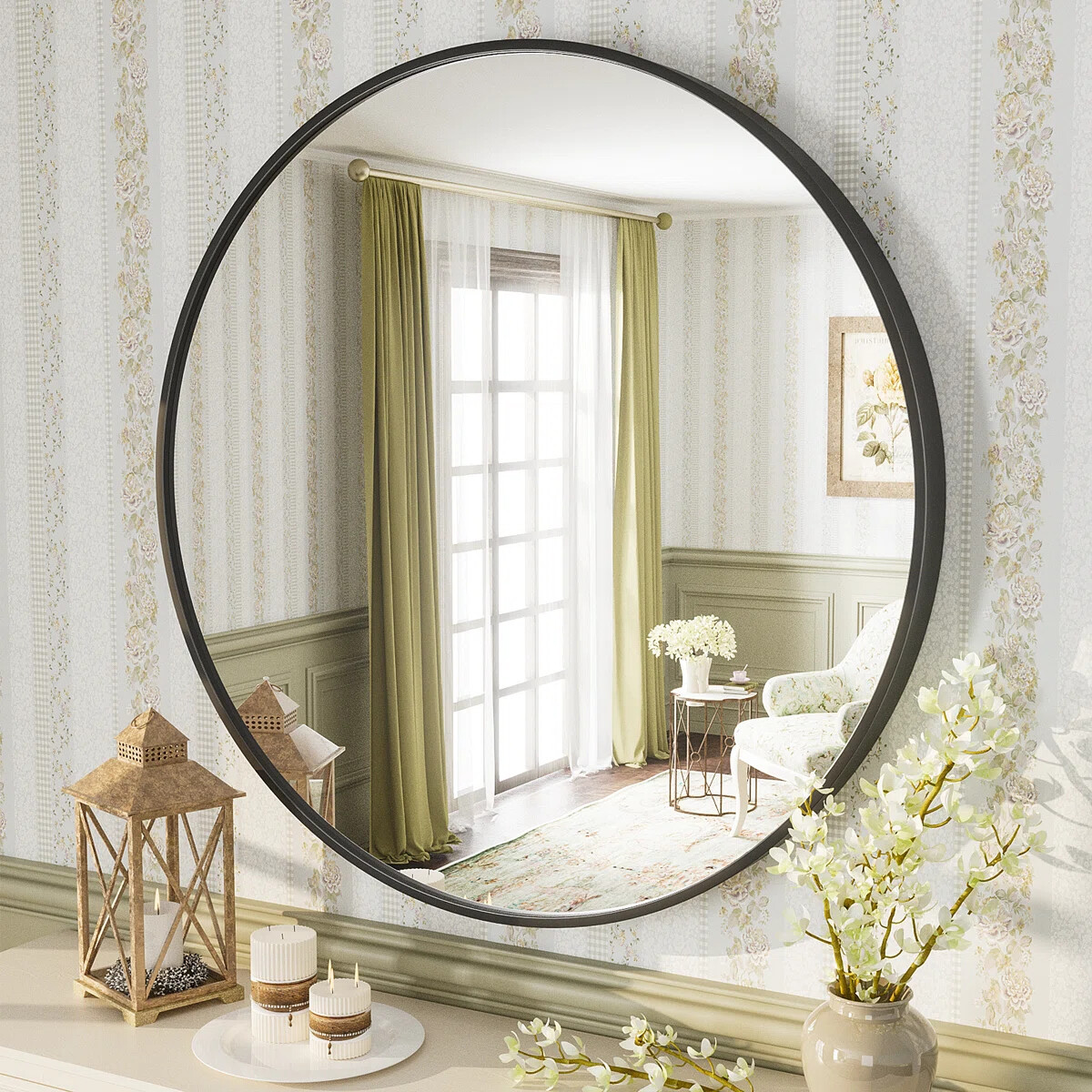 YQP 36x36 Inch Round Easy to Install Aluminum Alloy Black Framed Tempered Glass Wall Mirror