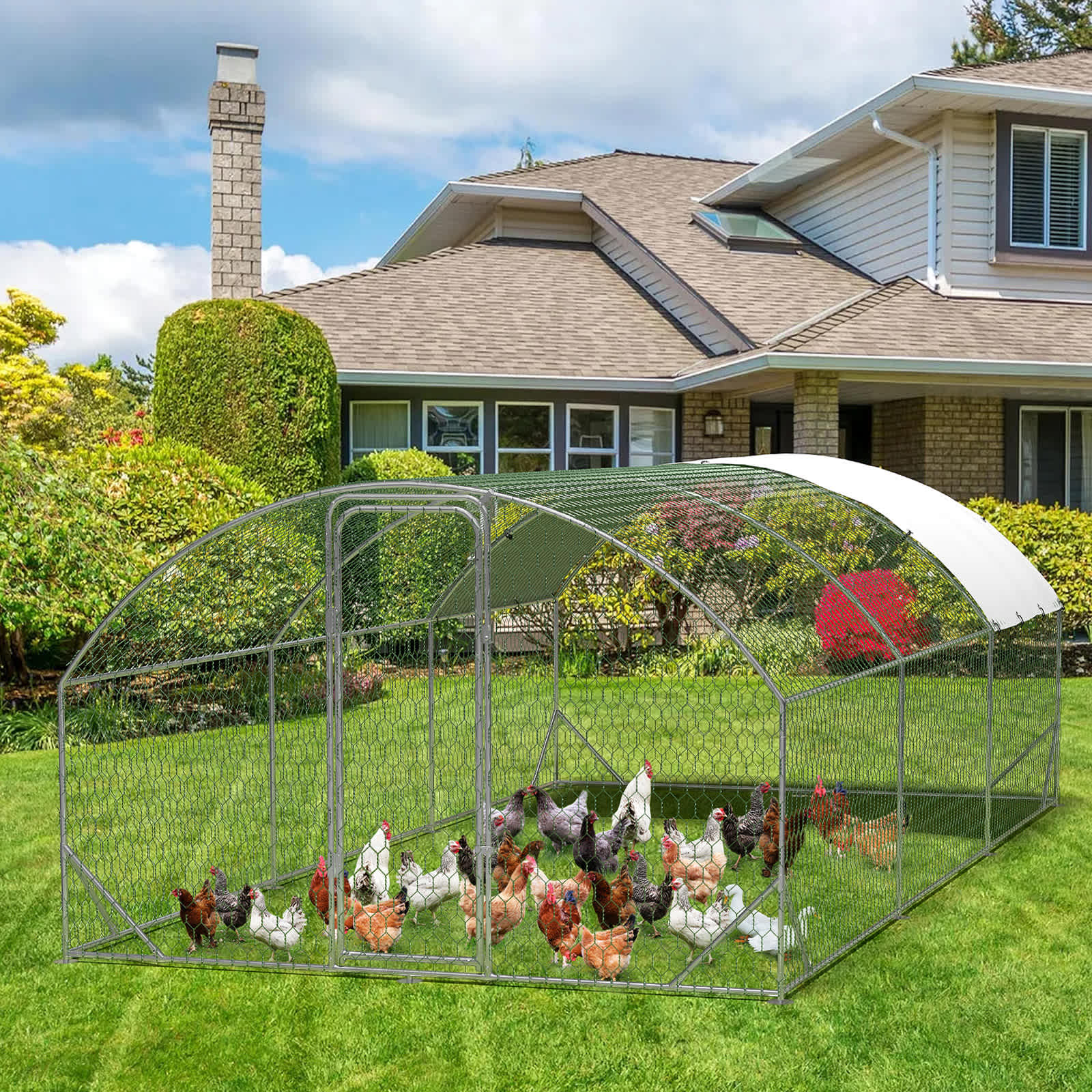 Qeetex GGL-PHO-159PL8QL 19FT Metal Chicken Cage Chicken Coops Galvanized 4 Corner Reinforcement Ribs Outdoor Large Walk-in Coops