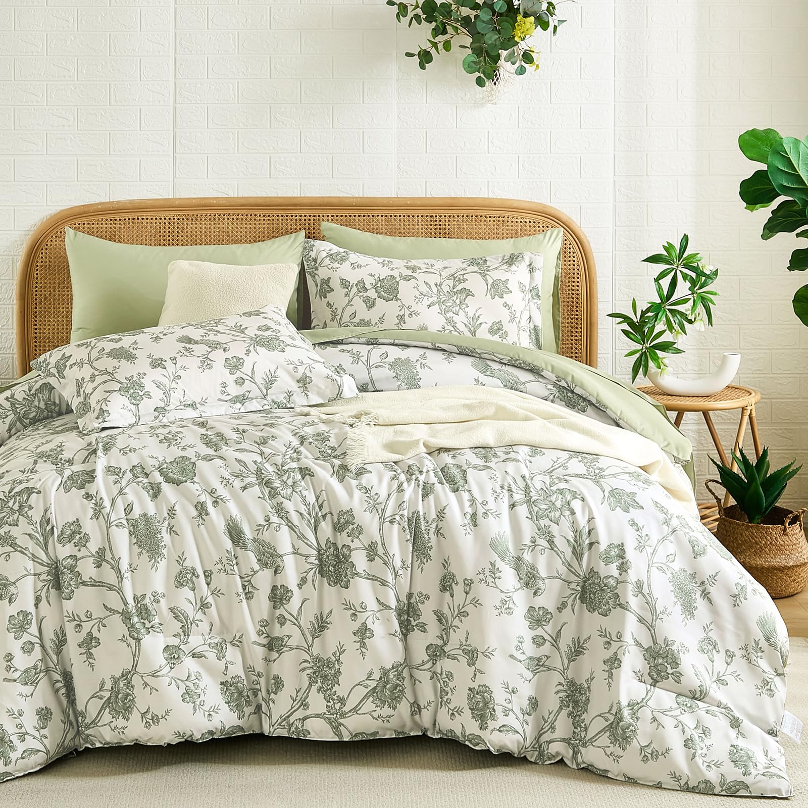 WZKZLH 7 Piece Reversible Floral Bird Bed In A Bag Bedding Set Soft Down Alternative