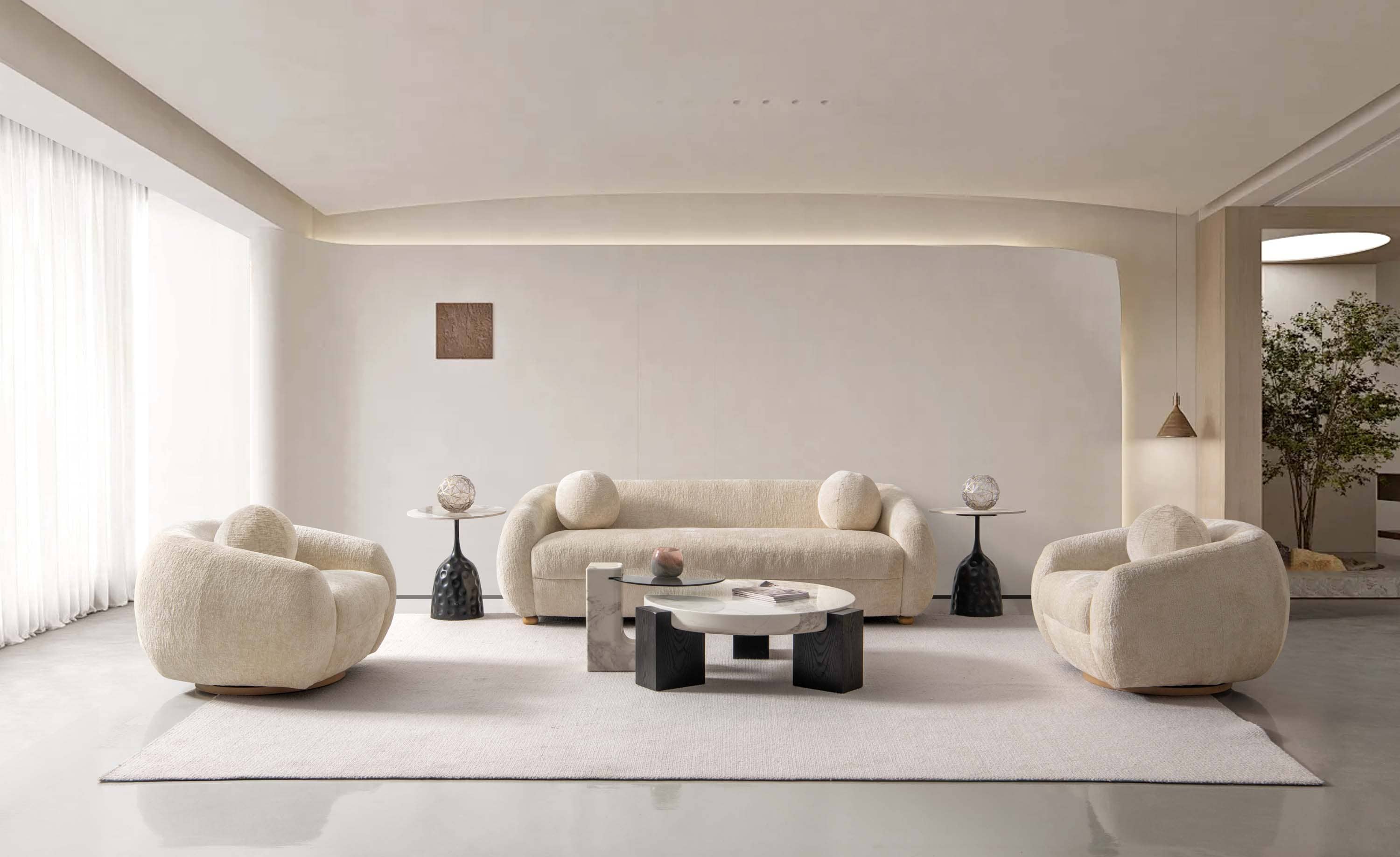 Manhattan Comfort 3-ACSF16-CR Modern 3 -Piece Chenille Cream Living Room Set