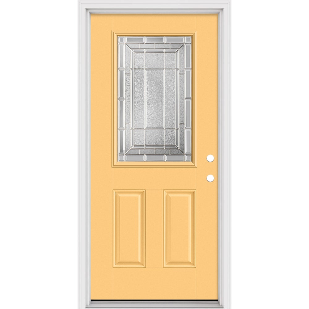 Masonite 631572 Sequence 36-in x 80-in x 4-9/16-in Fiberglass Half lite Left-hand inswing Cabana Yellow Painted Prehung Front Door with Brickmould Insulating core