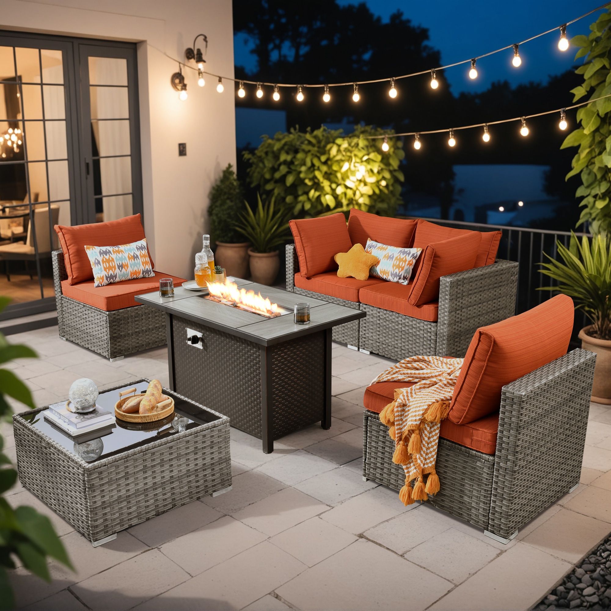XIZZI XIHOPS8053-IFP Sunrise 6 -Piece Rattan Patio Conversation Set with Orange Cushions