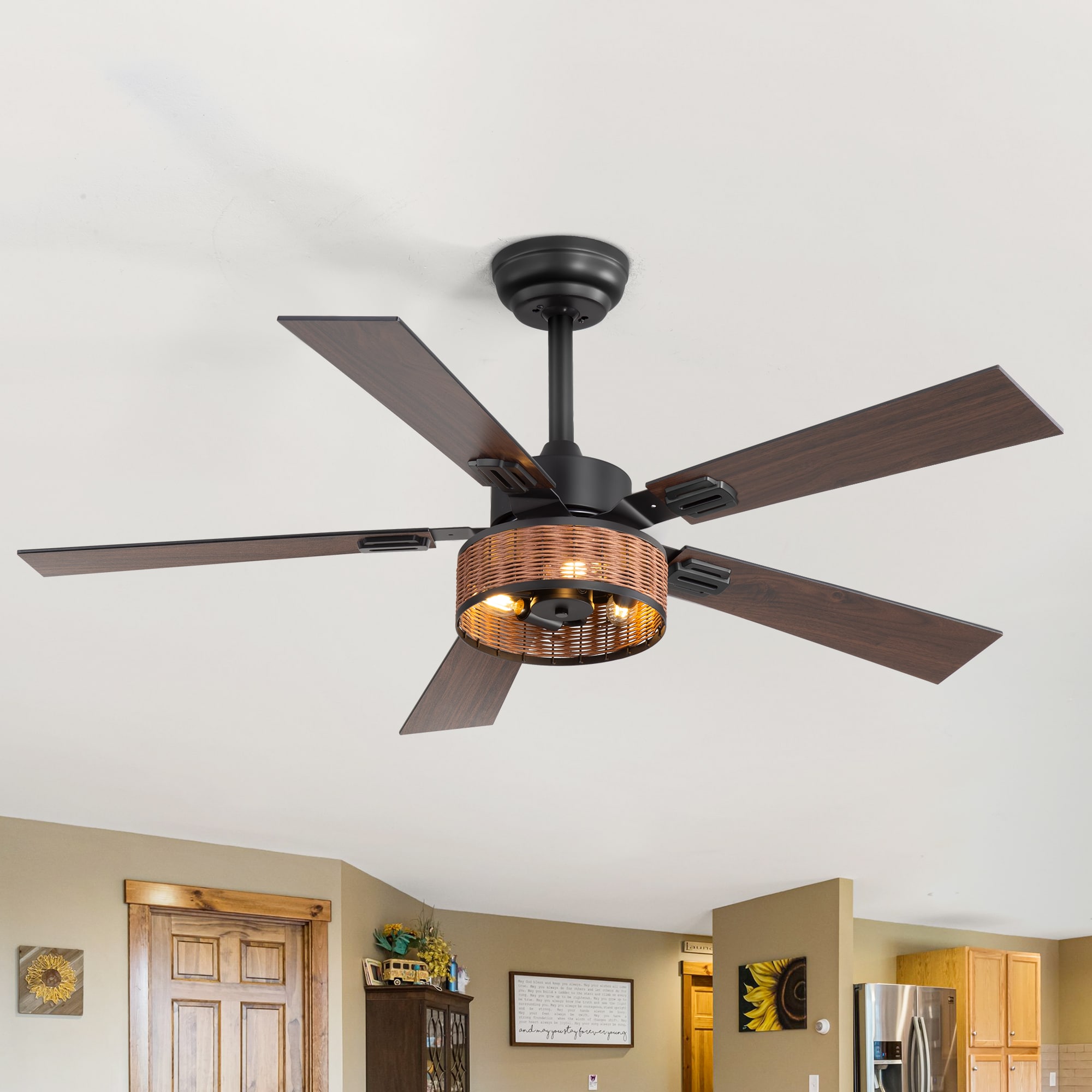 Breezary 35061-BK 48-in Color-Changing Matte Black with Black and Dark Wood Grain Blades Ceiling Fan With Light - Remote Included ( 5 -Blade )