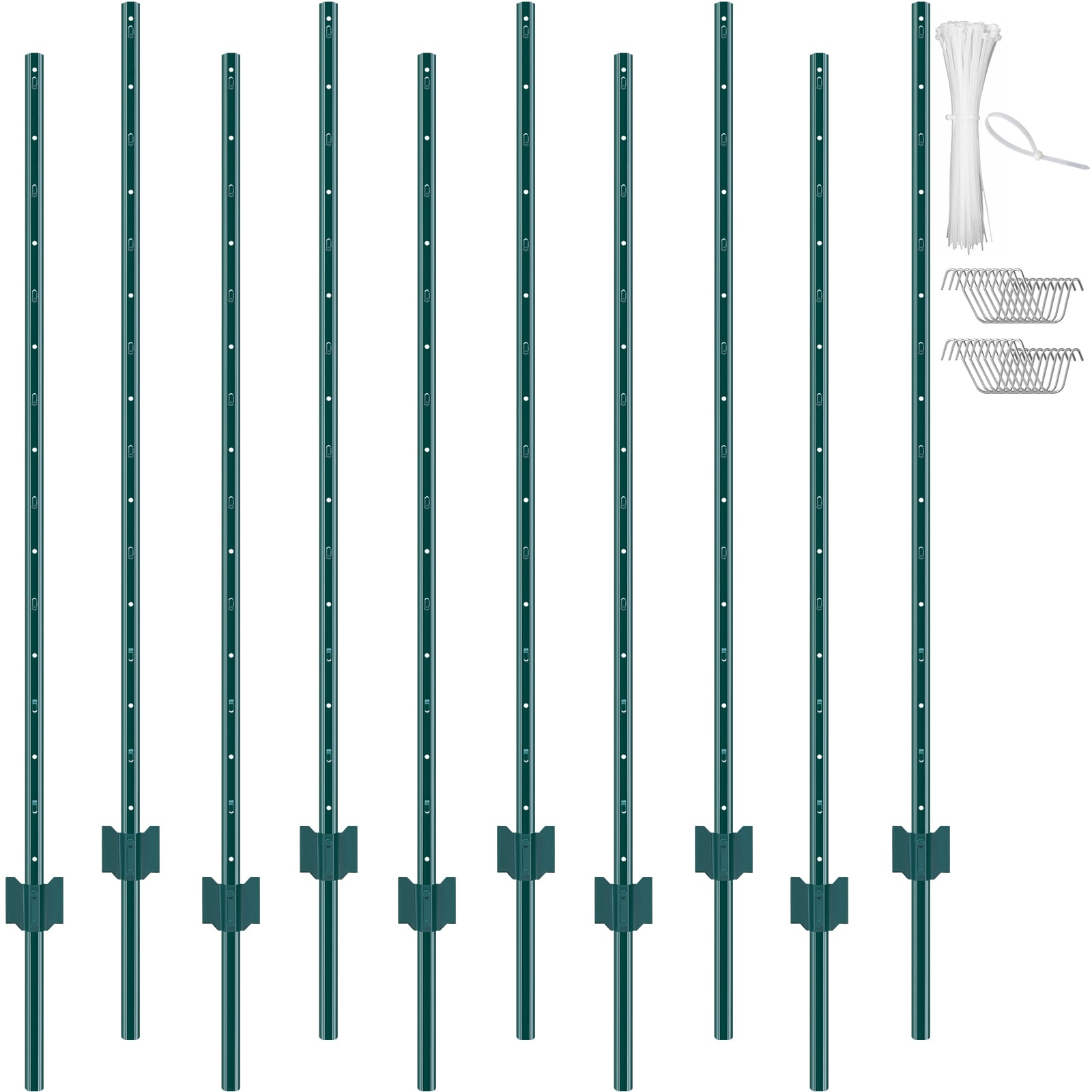 VEVOR 5 Feet Fence Post 10 Pack U-Channel Heavy Duty Metal Fence Posts Sturdy Steel Fence Stakes for Garden Yard Lawn Farms and Outdoor Wire Fencing Green