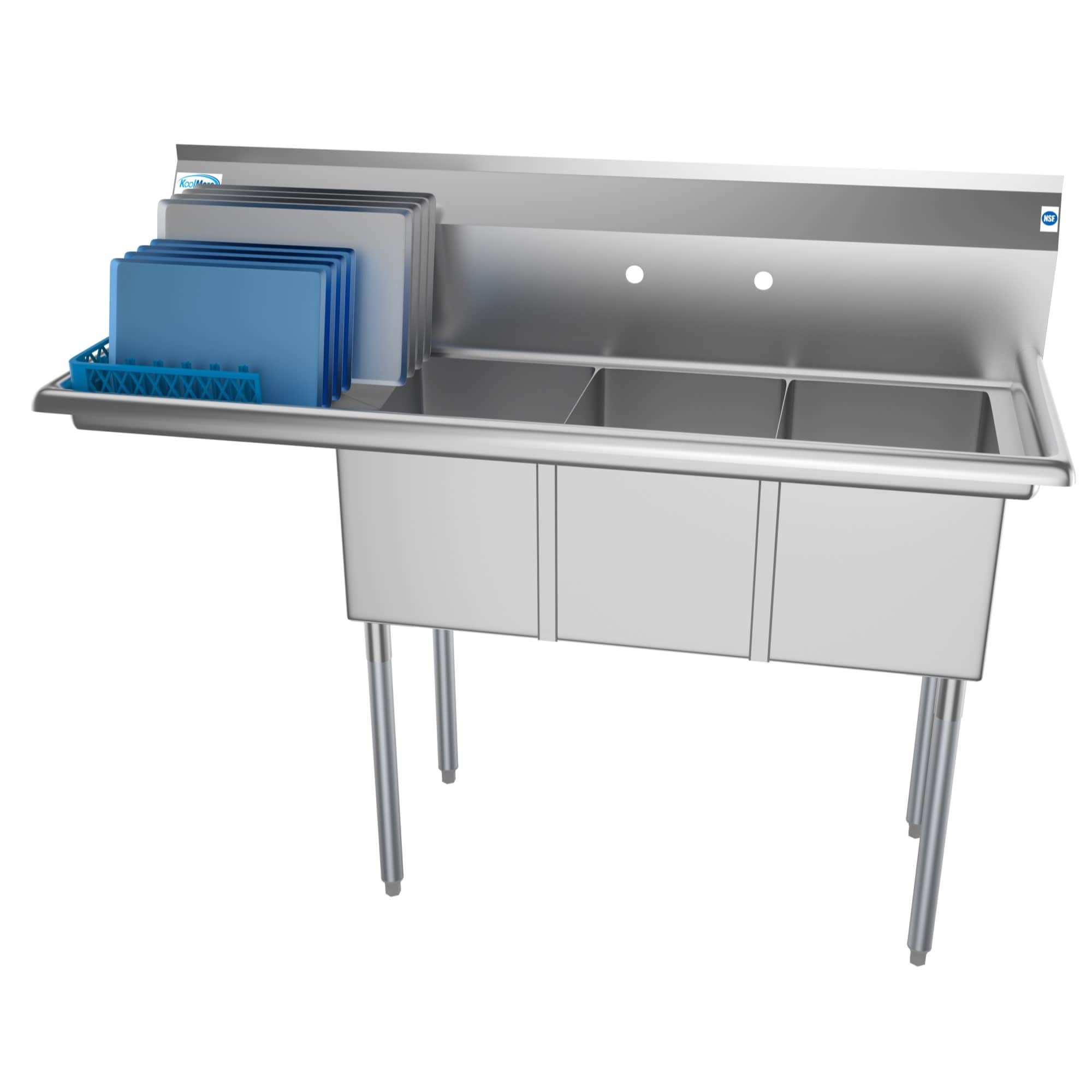 KoolMore 55 in. Three Compartment Stainless Steel Commercial Sink with Drainboard Bowl Size 12 x 16 x 10 in.