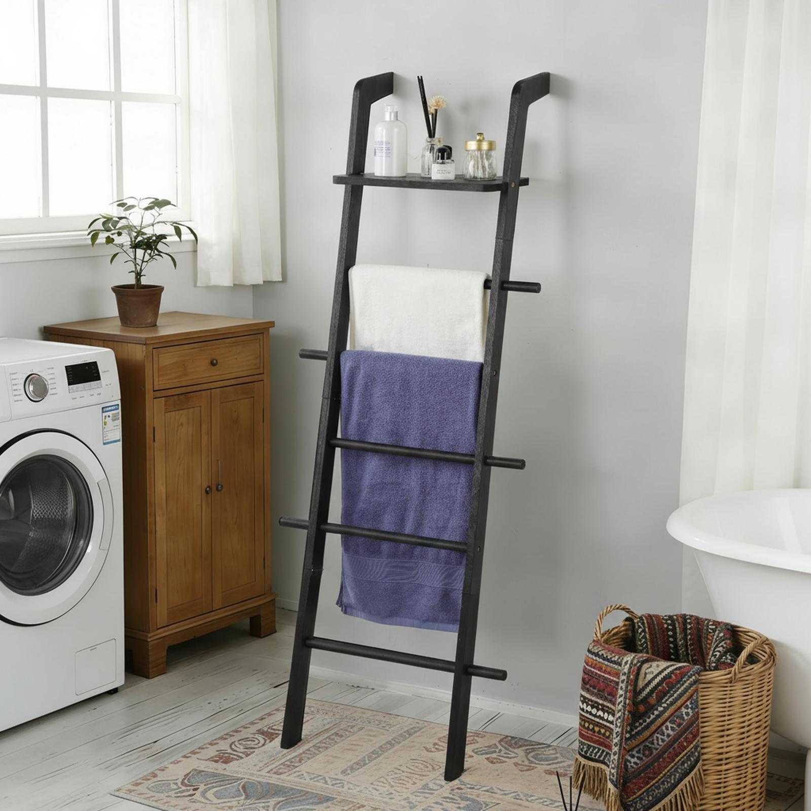 OMOMMD 67-inch Wooden Blanket Ladder with Shelf 5-Tier Farmhouse Towels ...