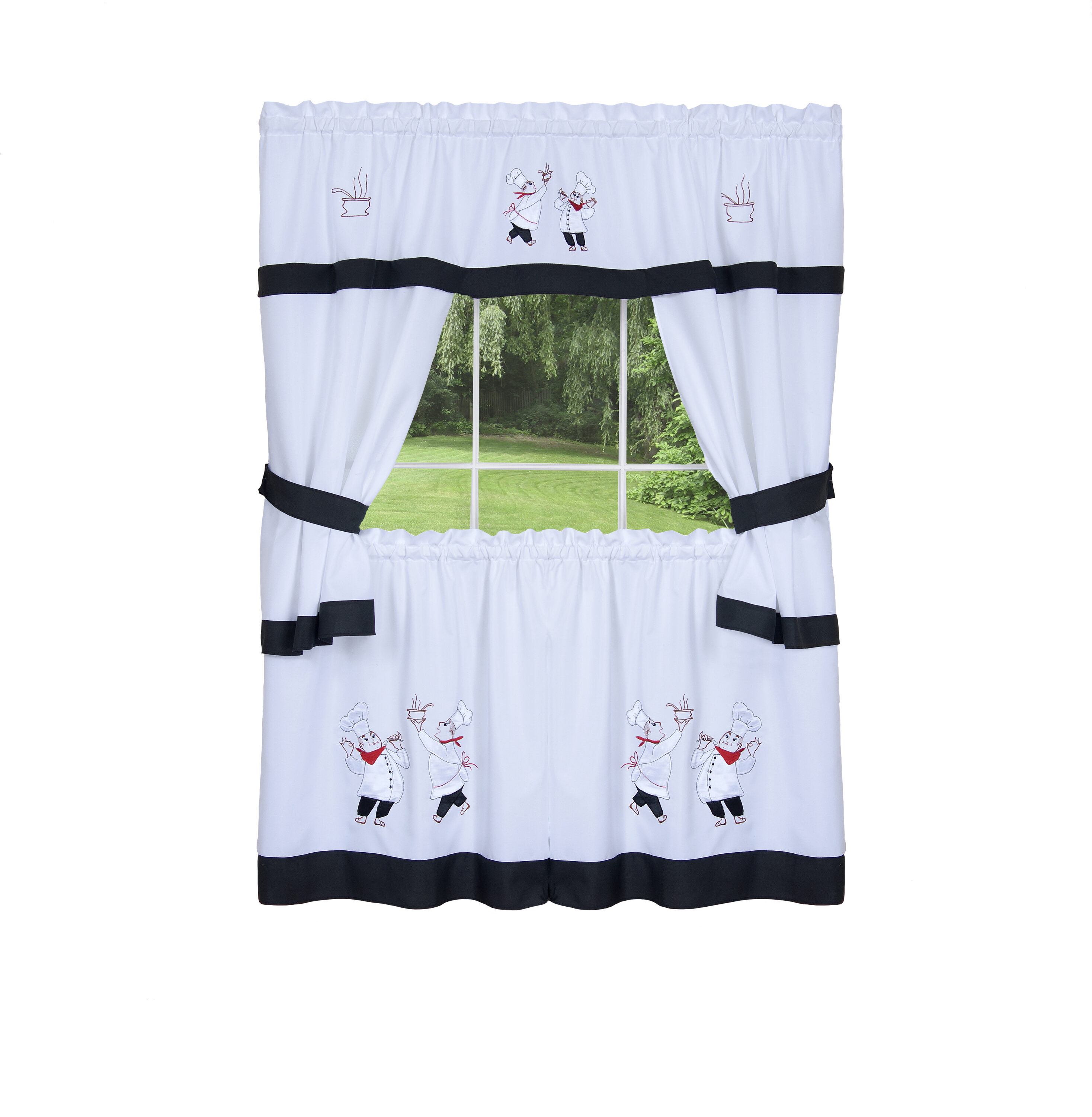 Black and White Faux Silk Embellished Kitchen Curtain Set