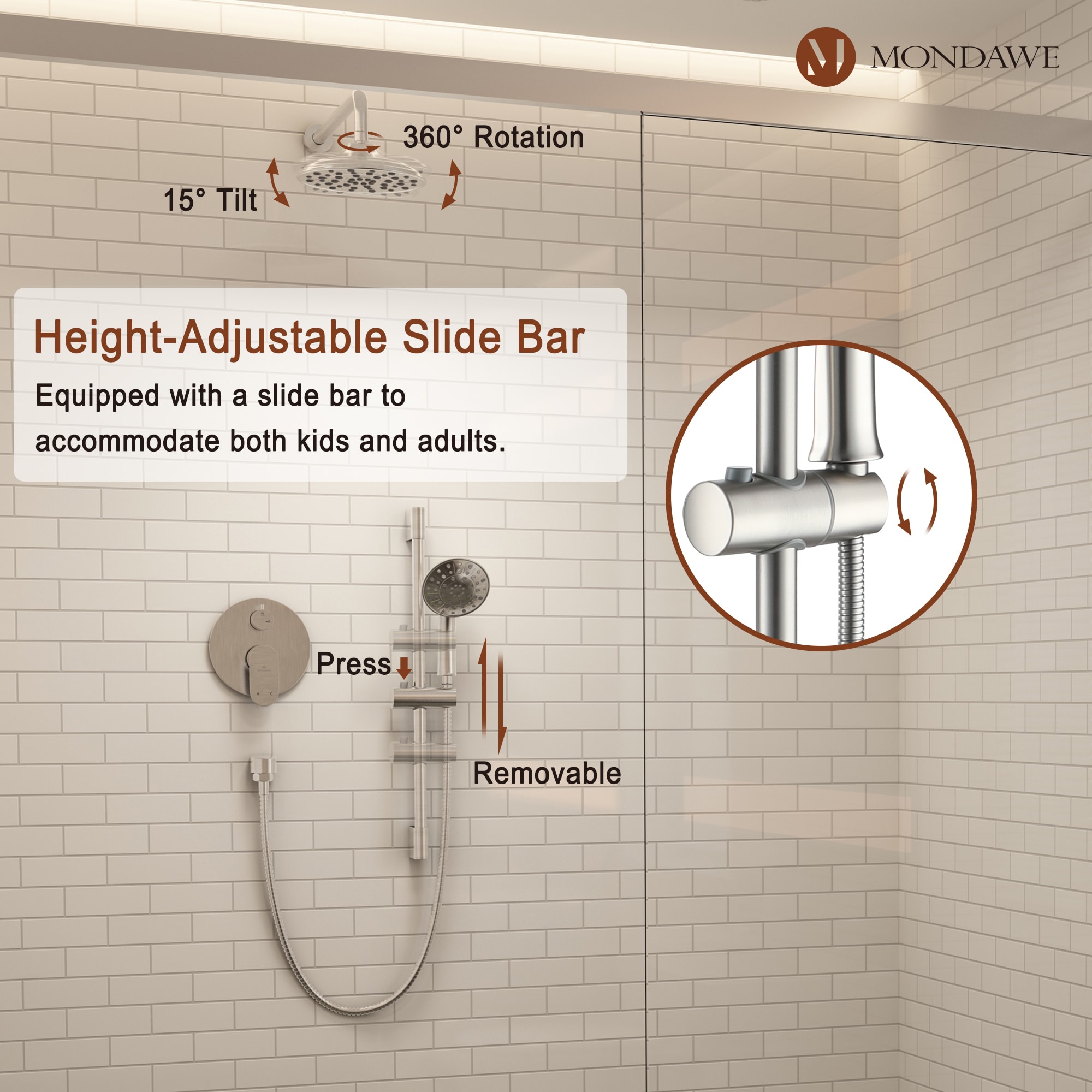 Mondawe Brushed Nickel 8-in Built-In Shower Faucet System with 2-way ...