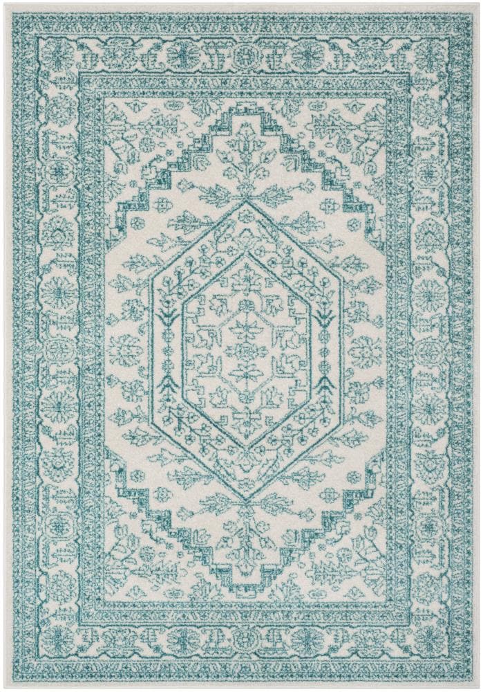 Safavieh ADR108G-4 Adirondack Herati 4 x 6 (ft) Loomed Polypropylene Ivory/Teal Rectangular Indoor Distressed/Overdyed Lodge Area rug