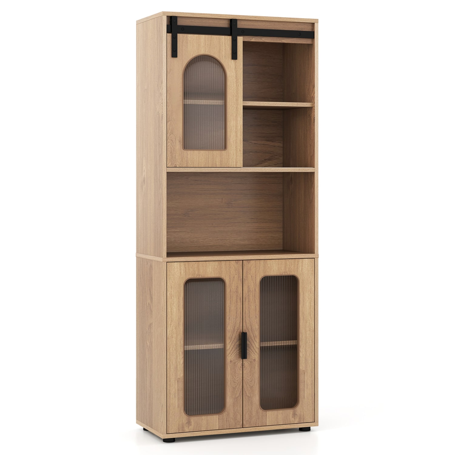 Volenca 59-in Tall Farmhouse Bathroom Floor Storage Cabinet with Sliding Barn Door 2 Cabinets Open Shelf and Anti-Tip Kit
