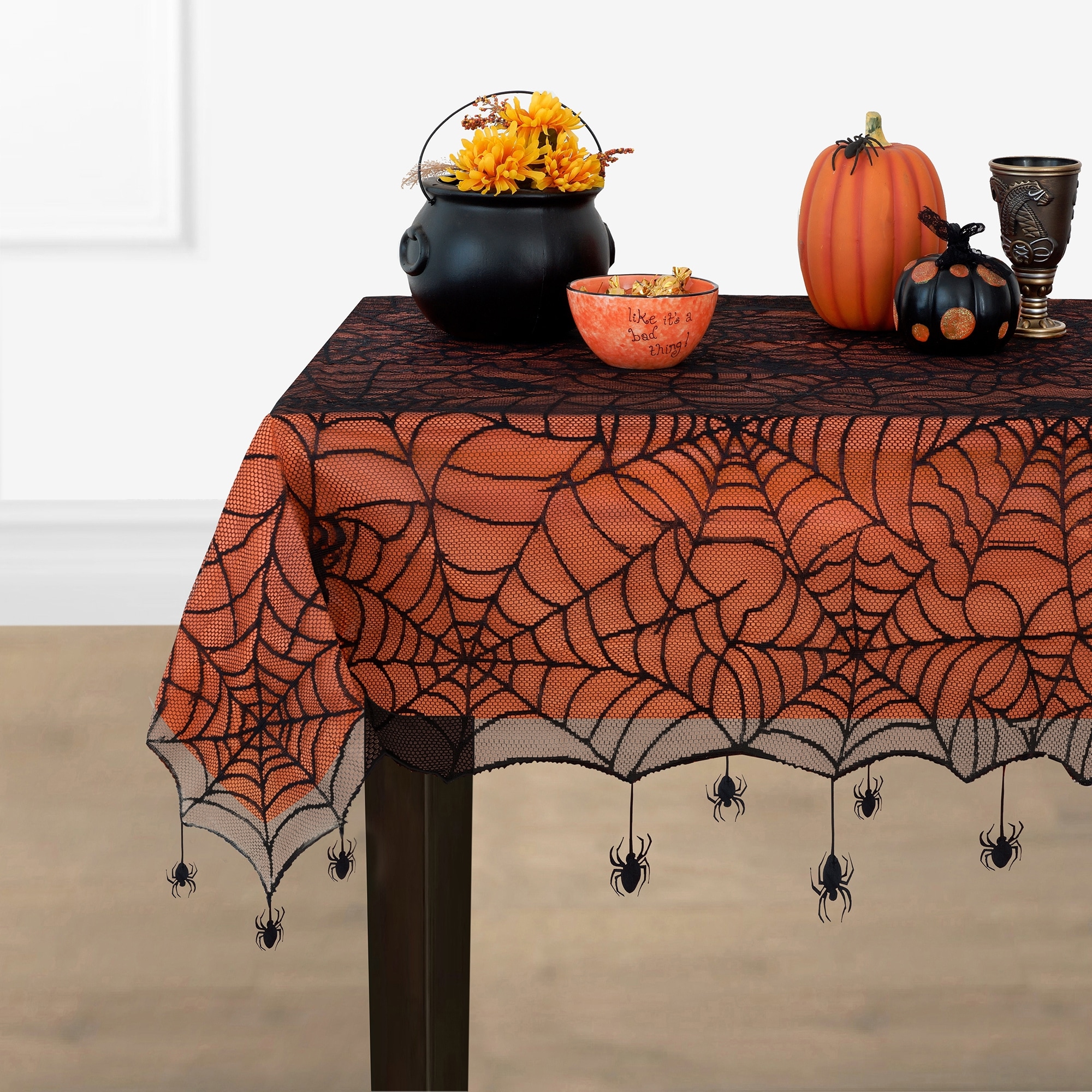 Elrene Home Fashions Crawling Halloween Spider Lace 60"x84" Indoor Black/Orange Table Cover for 6-ft rectangle