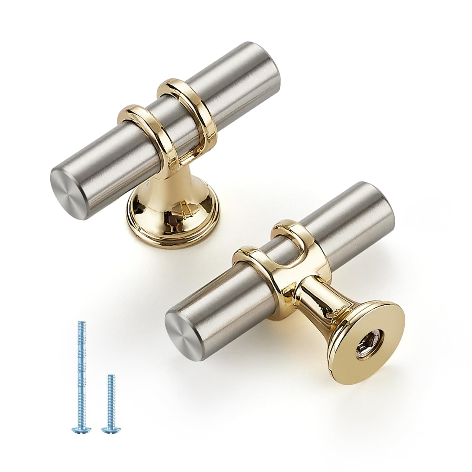 TNSO Brushed Brass and Brushed Nickel Single Hole 30 Pack Brass T Bar Cabinet Handles 30 Pack Rust Resistant