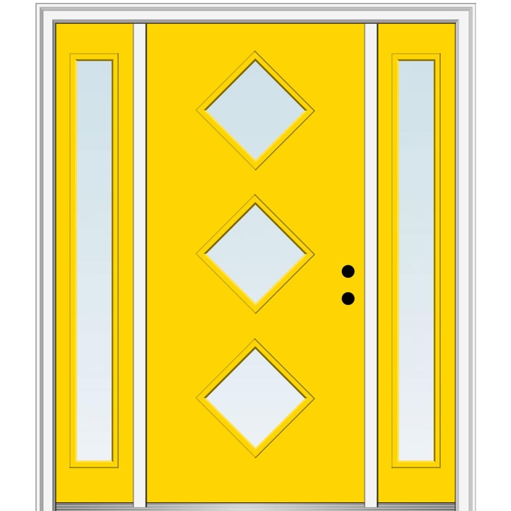 MMI DOOR ZZ346255L Spotlights 64-in x 80-in x 4-9/16-in Fiberglass Pulse lite Left-hand inswing Yellow Flash Painted Prehung Front Door with Sidelights with Brickmould Insulating core