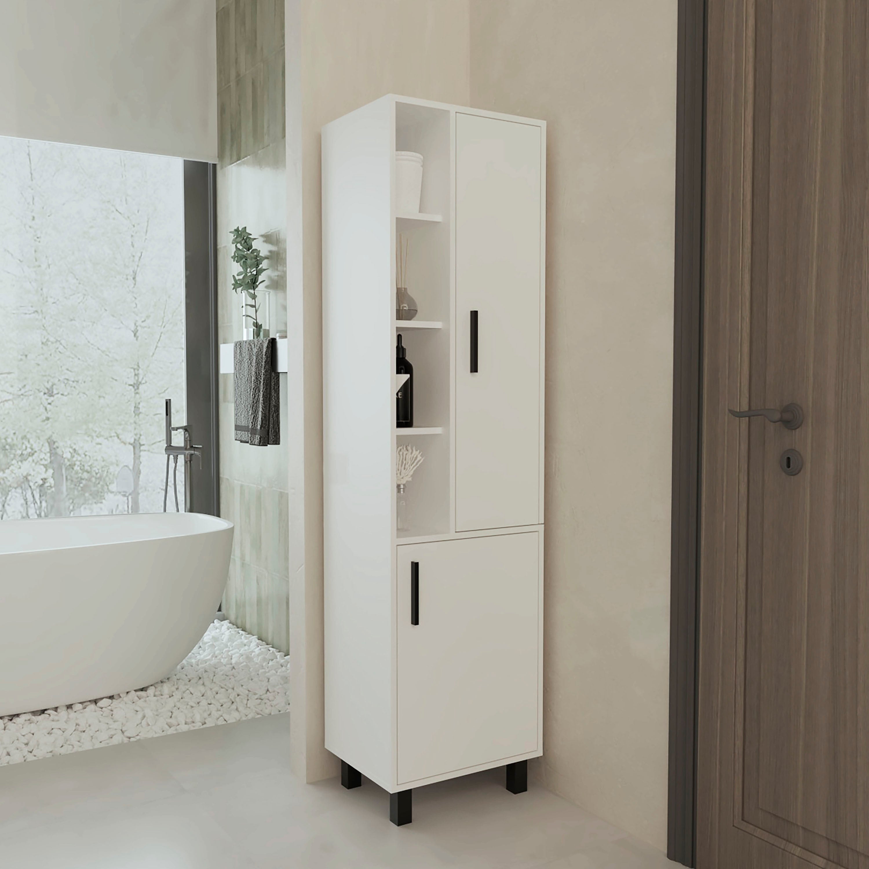 Tatayosi DJ-323178 White Linen Cabinet with Open Storage and 2 Doors
