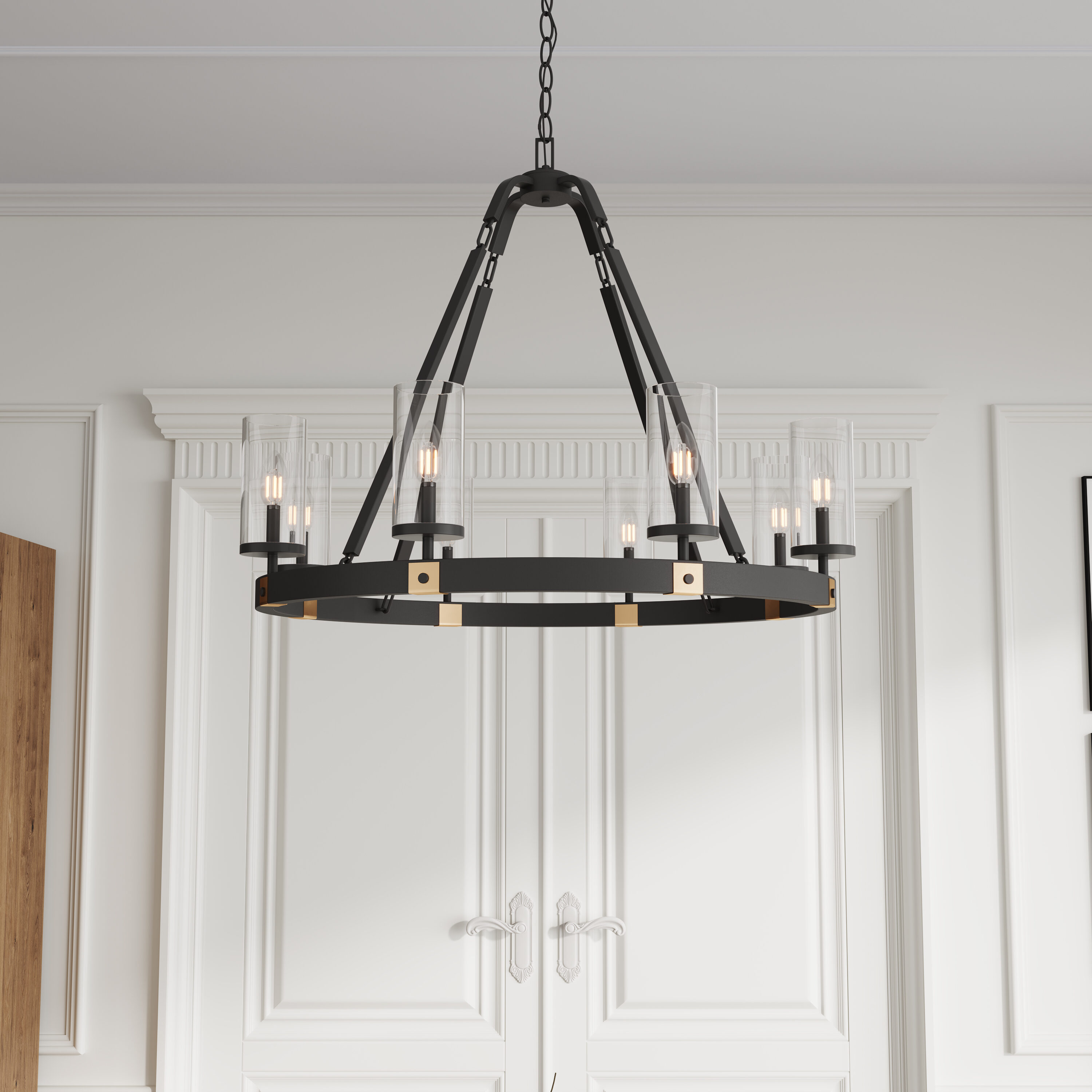 Black Industrial Wagon Wheel Candle Chandelier with Clear Glass Shades