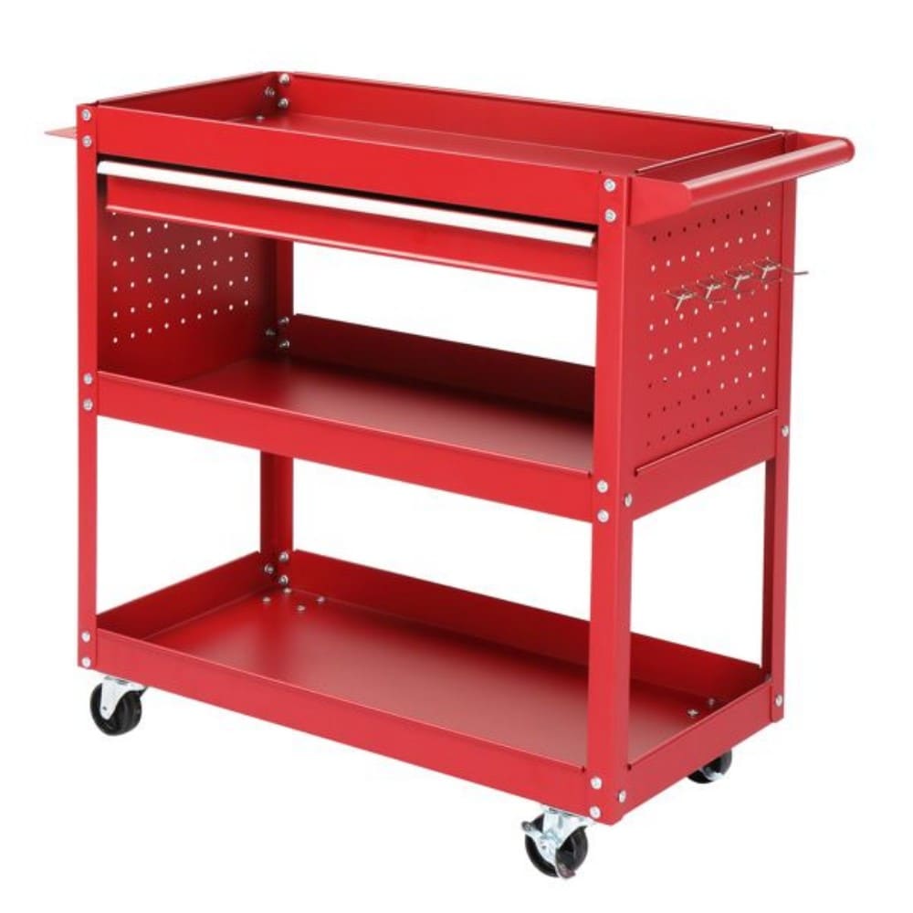 Tatayosi 3-Tier Rolling Tool Cart Metal Heavy Duty Utility Cart on Wheels with Pegboard Drawer 4 Hooks 330 lb Load Large Storage Capability Tool Cart for Garage Warehouse Repair Shop Red