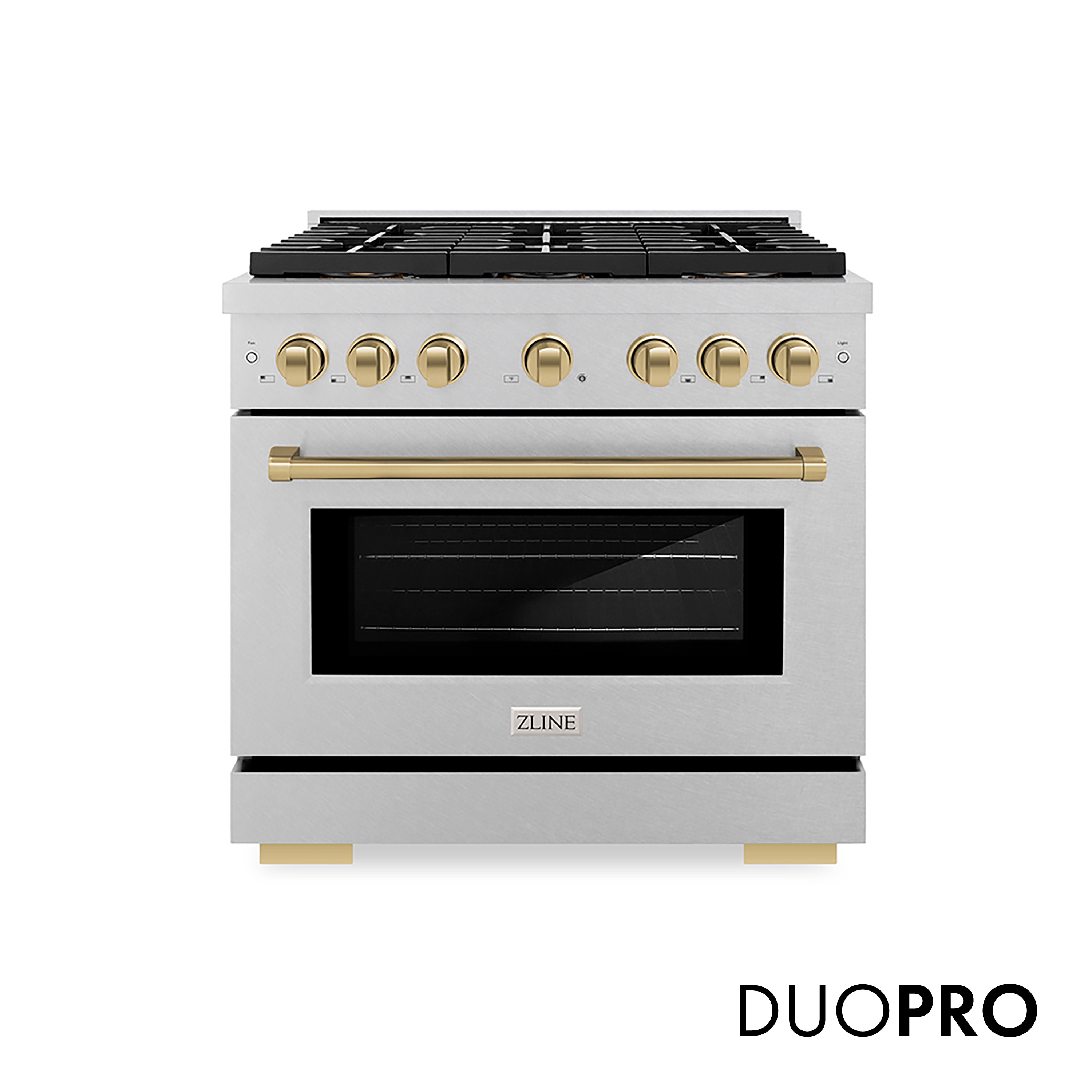ZLINE KITCHEN & BATH Paramount 36-in 6 burners 5.2-cu ft Convection Oven Freestanding Natural Gas Range ( Satin Stainless Steel, Champagne Bronze Accents ) #PSGRSZ-36-CB