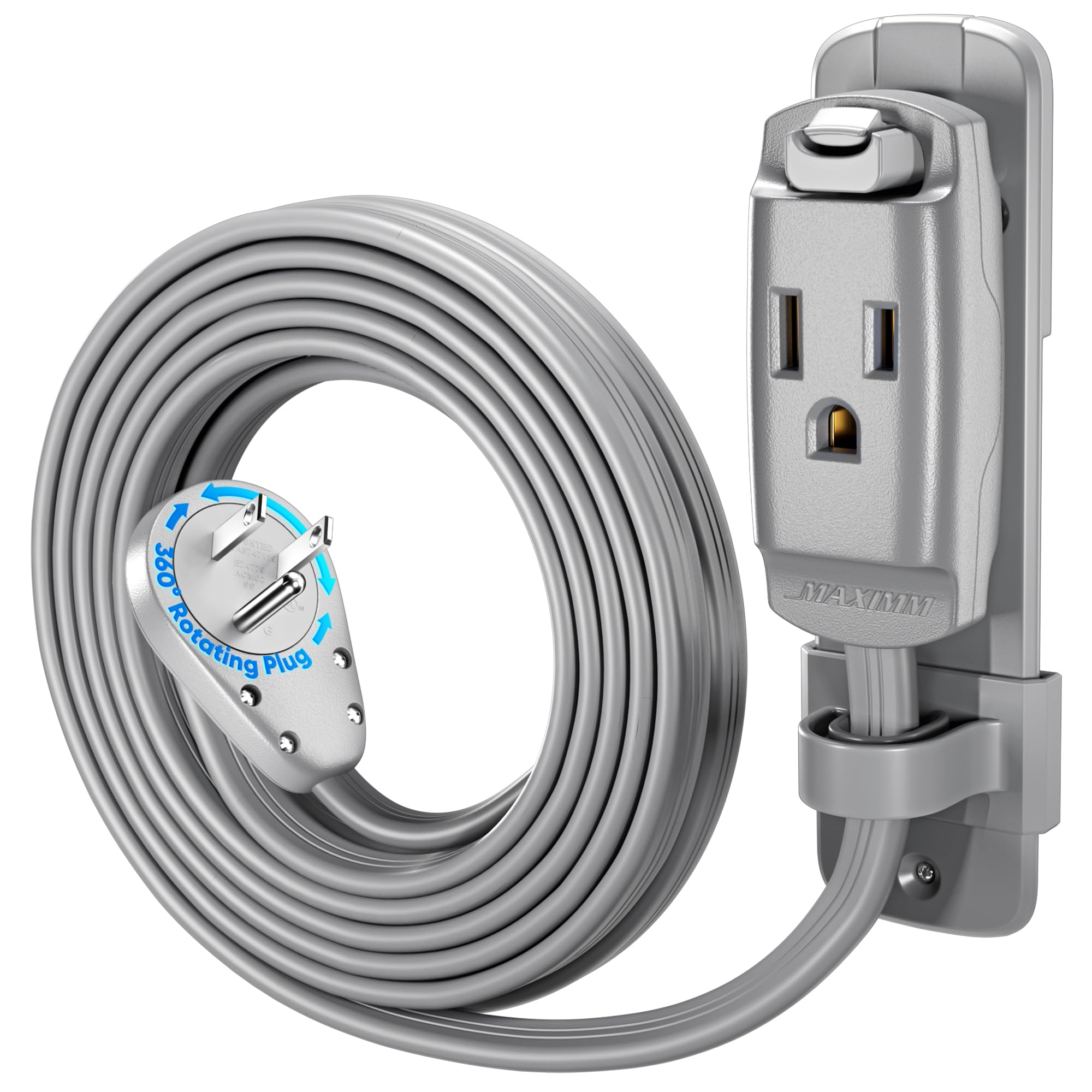 Maximm 15 Ft Gray 360 Rotating Flat Plug Heavy Duty 14 Gauge Air Conditioner Extension Cord - Slim Low Profile Design with Wall Mount and Hanging Loop for Window and Portable AC Units and Appliances