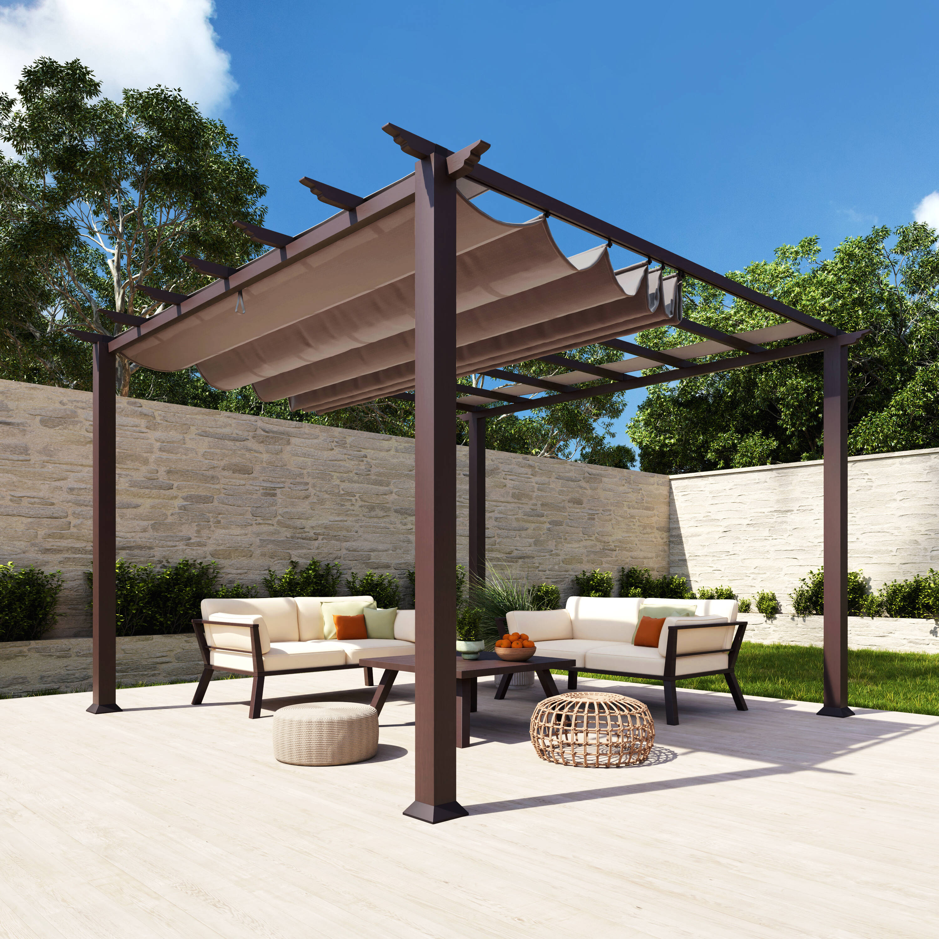 Paragon Outdoor PR11WD2C Florence 11-ft 2-in W x 11-ft 2-in L x 7-ft 8-in H Chilean Ipe with Cocoa Canopy Metal Freestanding Pergola with Canopy