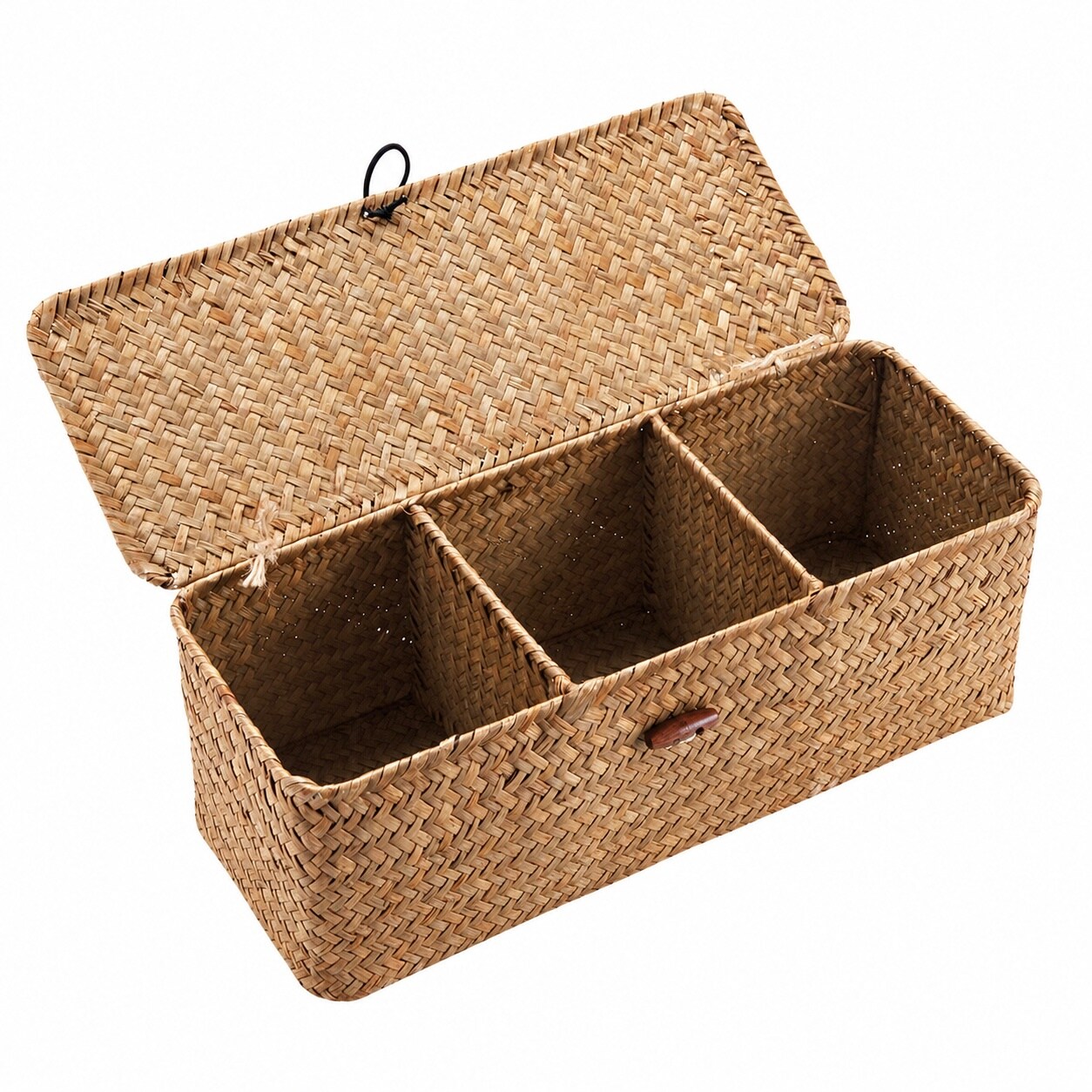 Etokfoks  Natural Color Seagrass 5 in x 4 3 in Handwoven Storage Basket with Lid and 3 Compartments Decorative Piece