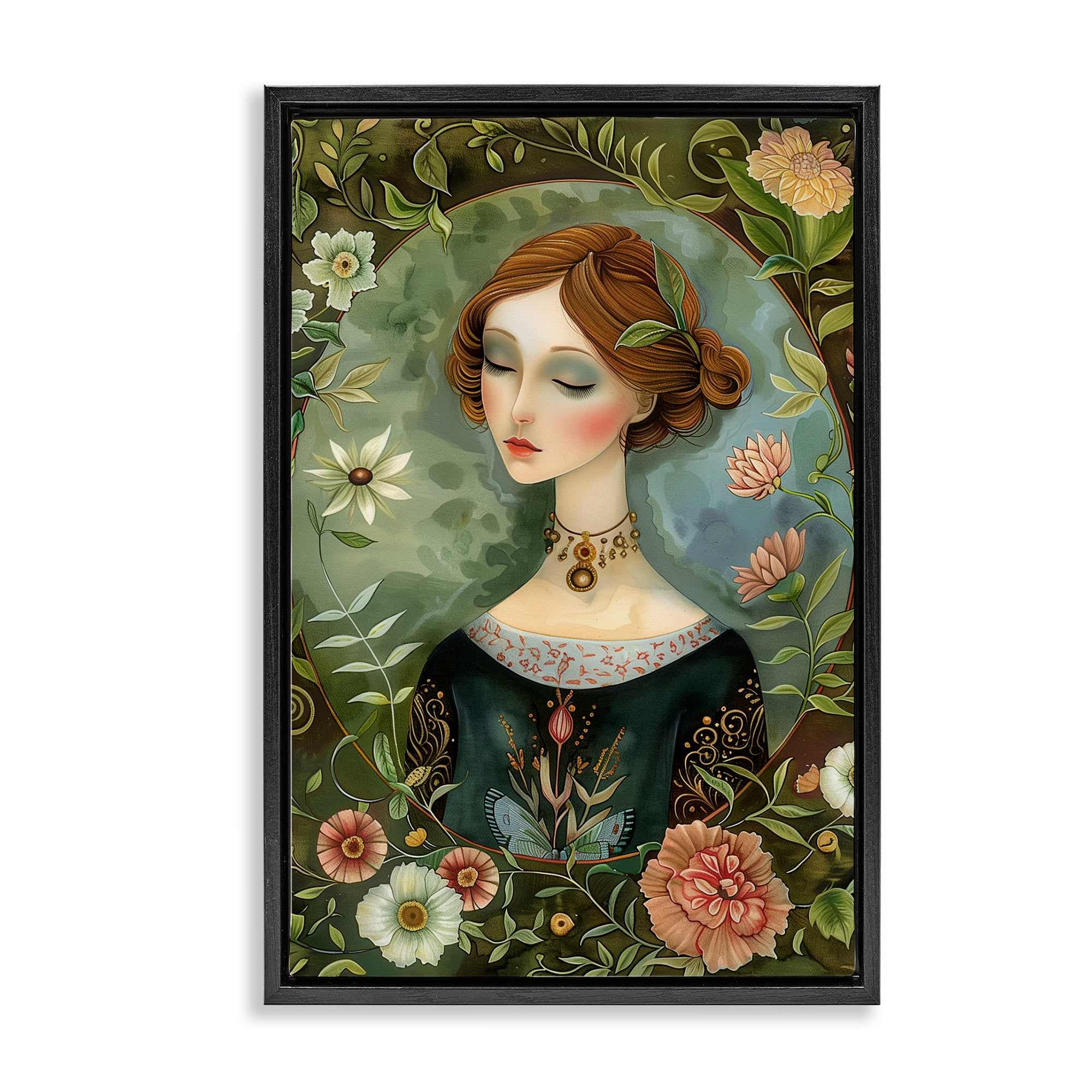 Stupell Industries BT-881-FFB-20X30 Floral Edged Victorian Woman Black Framed Floater Canvas Wall Art By The Dutch Lady 21 x 31