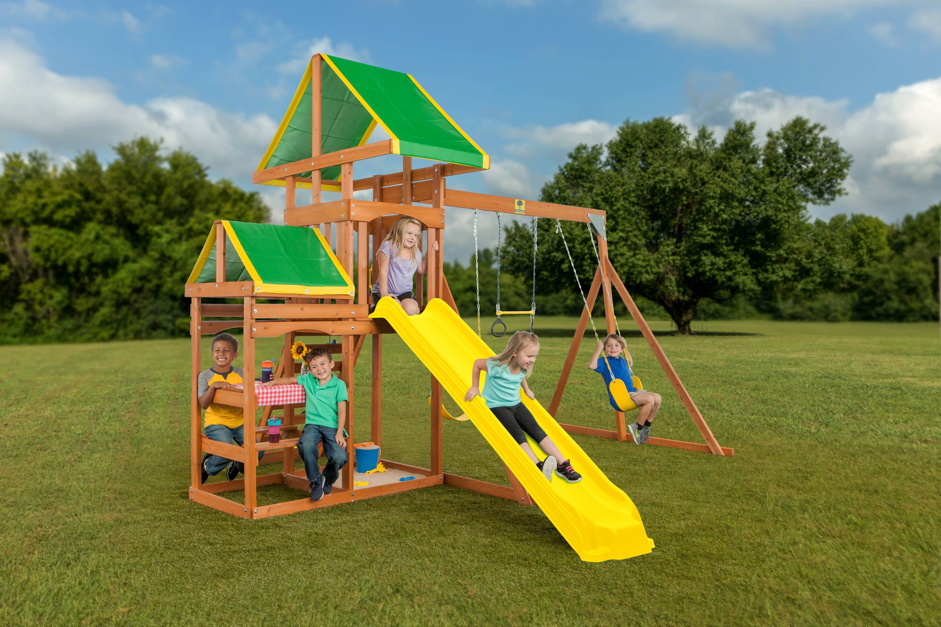 Creative Cedar Designs 3681 Woodlands Wooden Swing Set Residential Wood Playset with 3 Swings and Slide Included