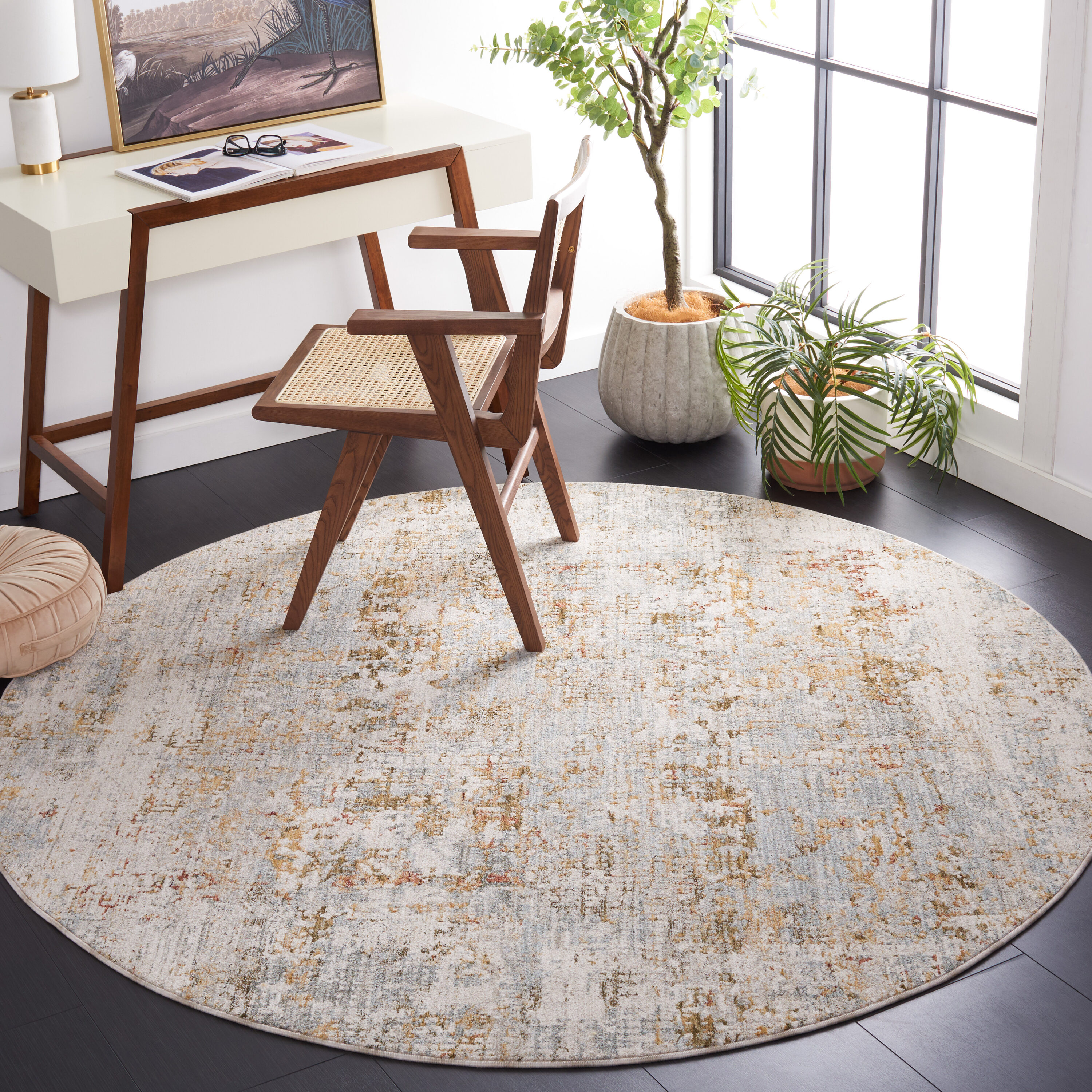 Adrianna Blue and Gold Round Synthetic Area Rug, 6'-7"