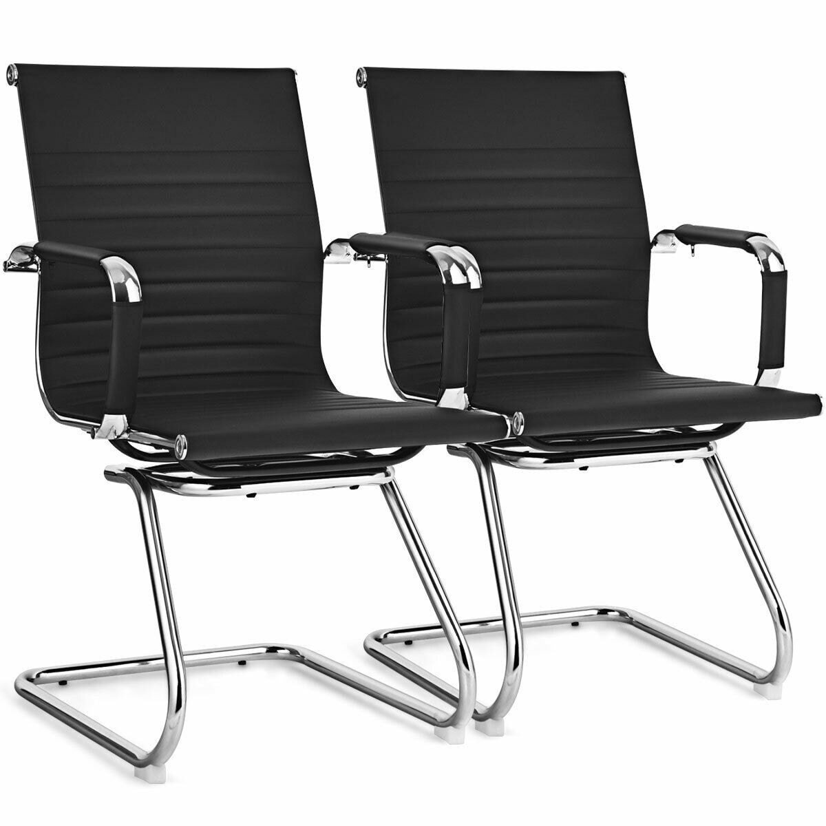 Slickblue D-CO-2-KB20456WH Set of 2 Reception Chairs – Black Contemporary Ergonomic PU Leather Office Chairs - Non-Adjustable and Non-Swivel for Reception Area or Meeting Room