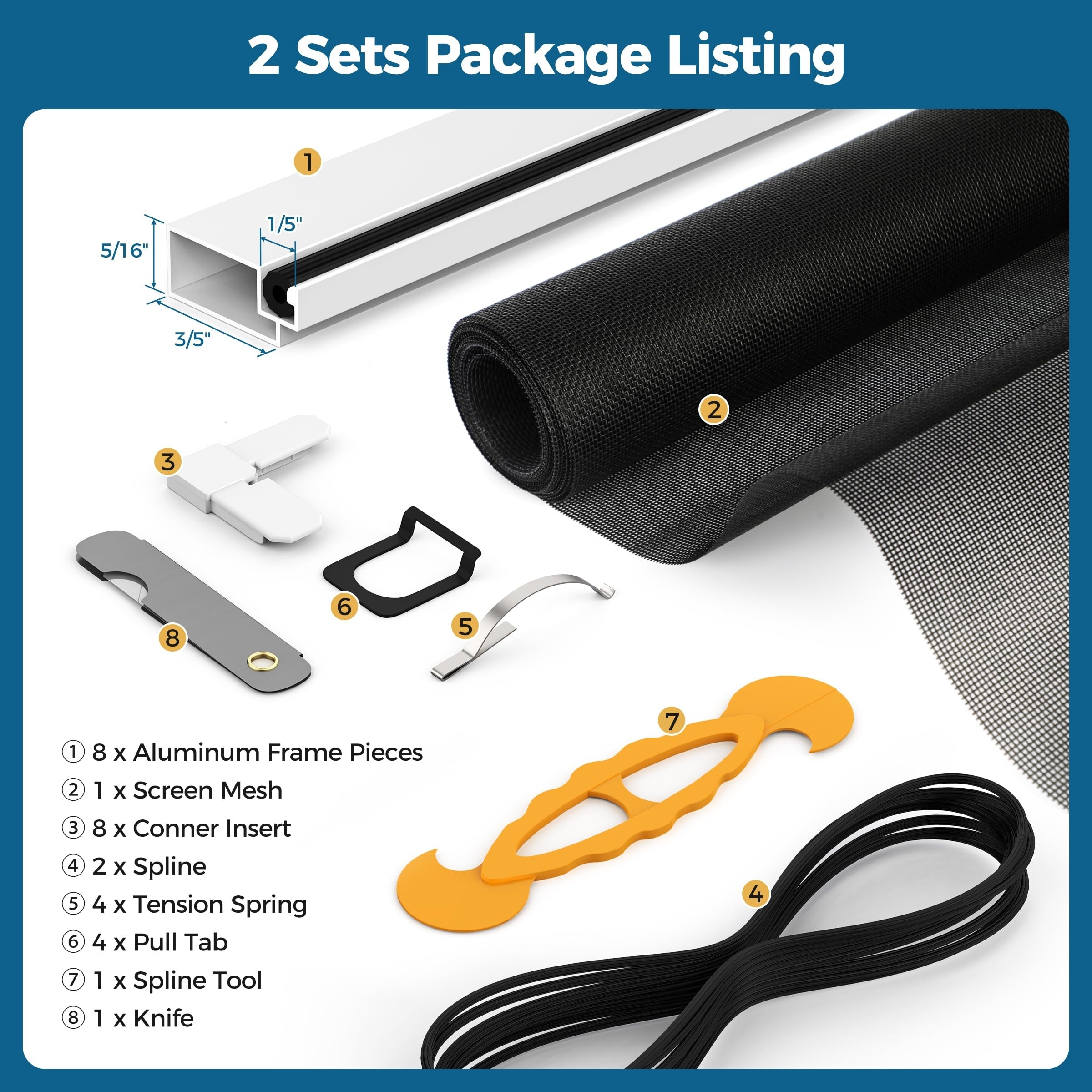 Etokfoks  Window Screen Kit 2 Pack 46x46 in White Aluminum Frame Polyester Mesh DIY Installation