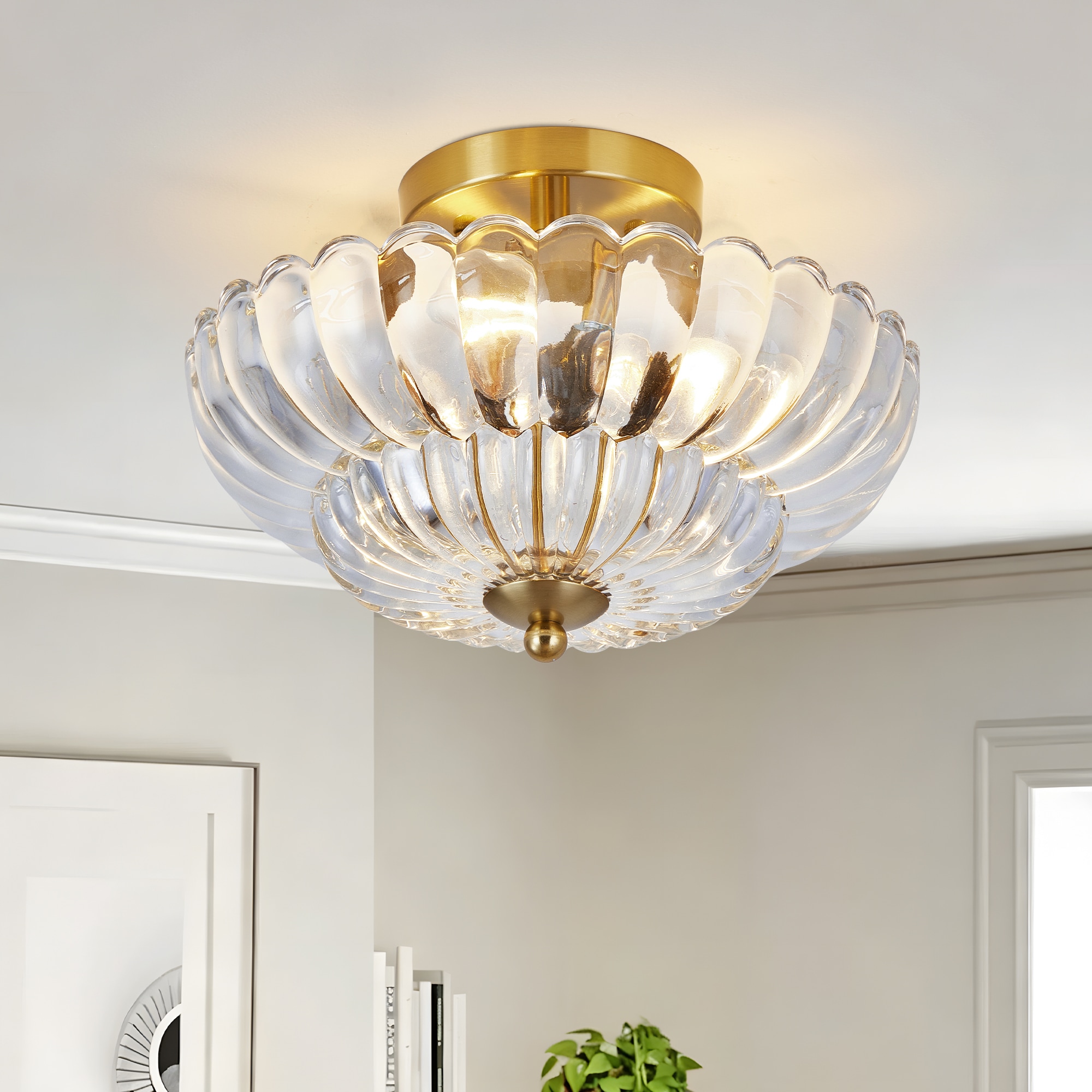 GDFStudio 11.8 Inch Semi Flush Mount Ceiling Light 3 Light Close to Ceiling Light Fixtures with Flower Glass Vintage Ceiling Lights for Hallway Living Room Kitchen Bedroom Bathroom Clear