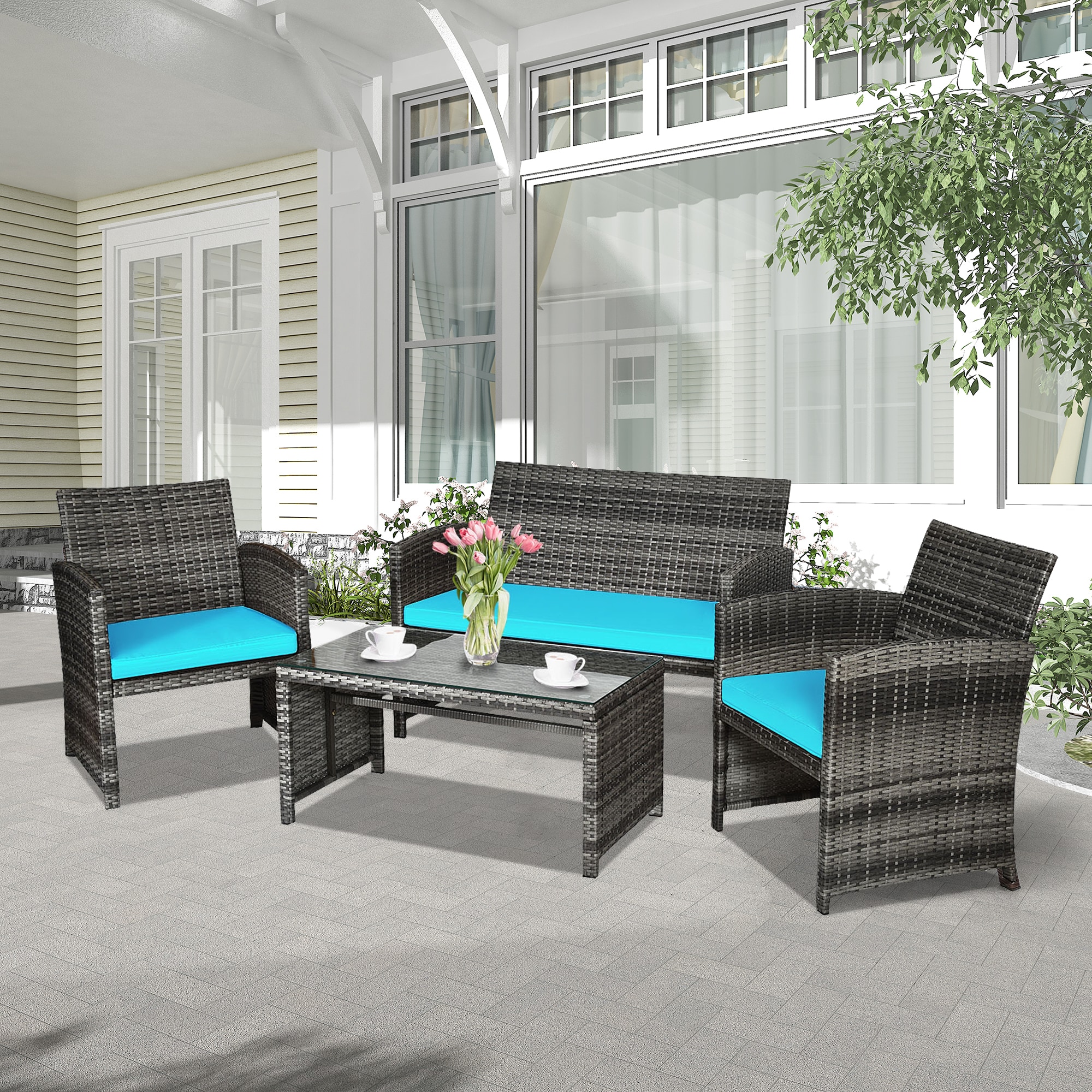 Forclover HYFAS01TU 4 -Piece Rattan Patio Conversation Set with Blue Cushions