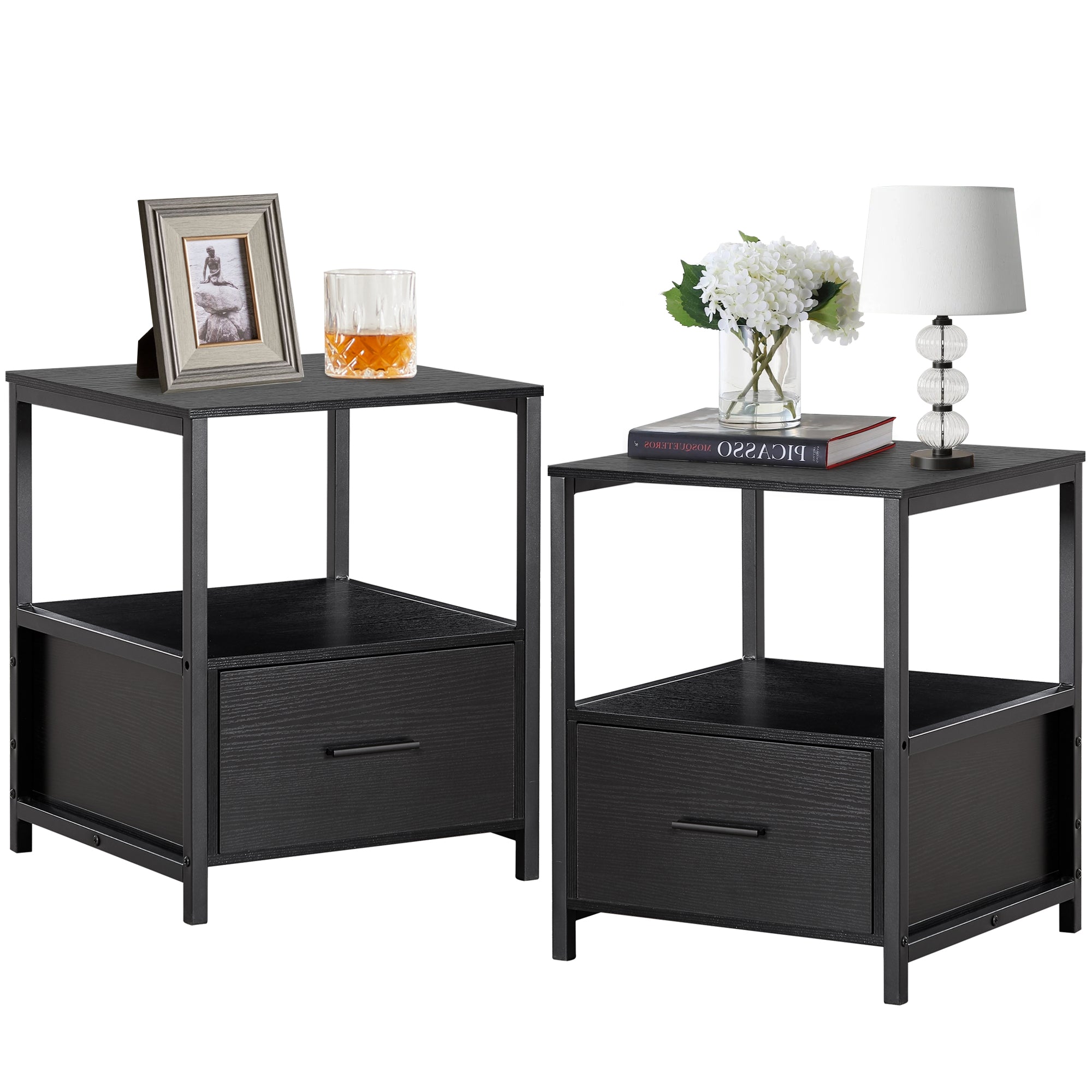 Vecelo LOE-DX-T05-BLACK-A2 Set of 2 Nightstand with Drawer Square End Bedside Tables with Open Shelf Stable Metal Frame Small Side Tables for Bedroom Black