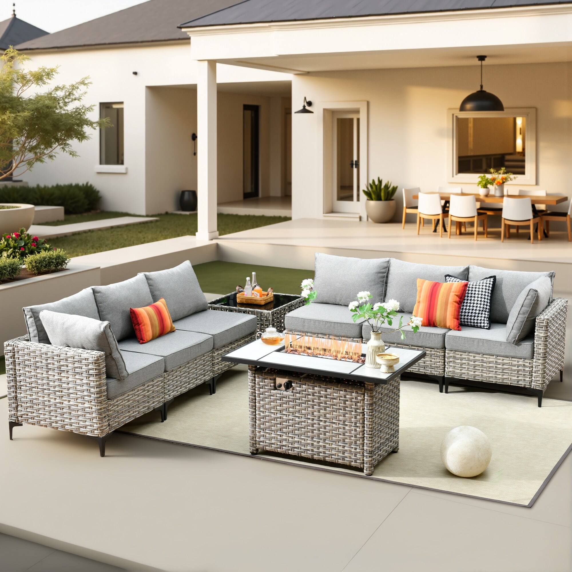 Pouuin RFPSKT208 Wicker Outdoor Sectional with Dark gray Cushions and Wicker Frame