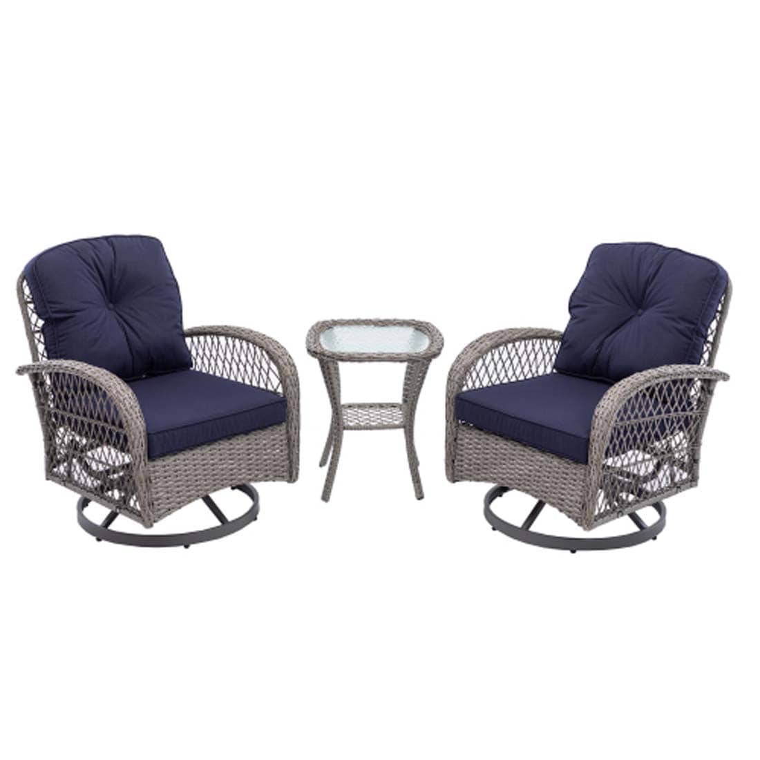 Damerin PCB06N780 Patio Furniture Set of 2 Navy Blue Steel Frame Swivel rocker Rocking Chair with Blue Cushioned Seat