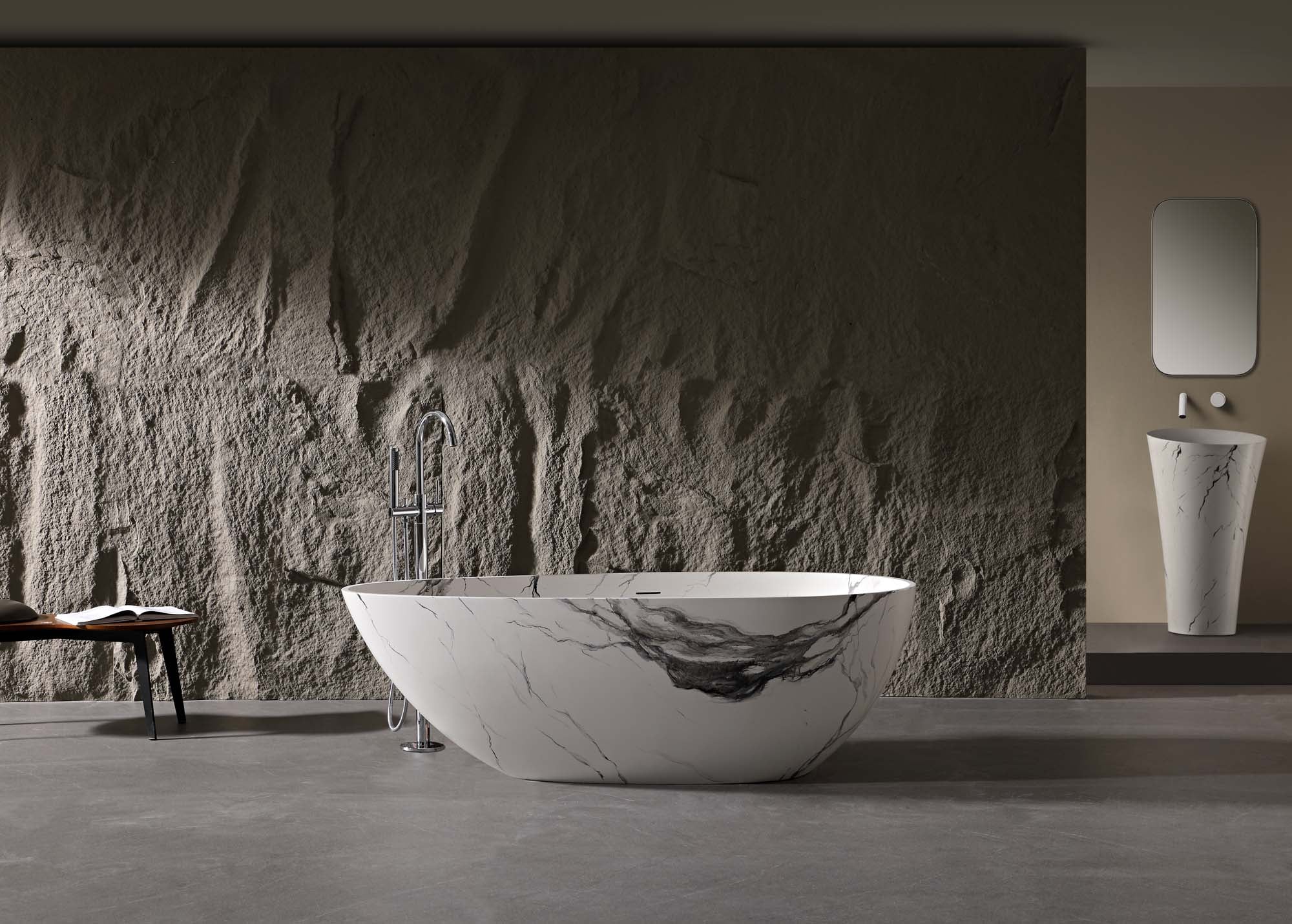 POCCI 63-in Matte White Stone Resin Egg-Shaped Freestanding Soaking Bathtub with Marble Texture and Center Drain HA1005-59MV-1