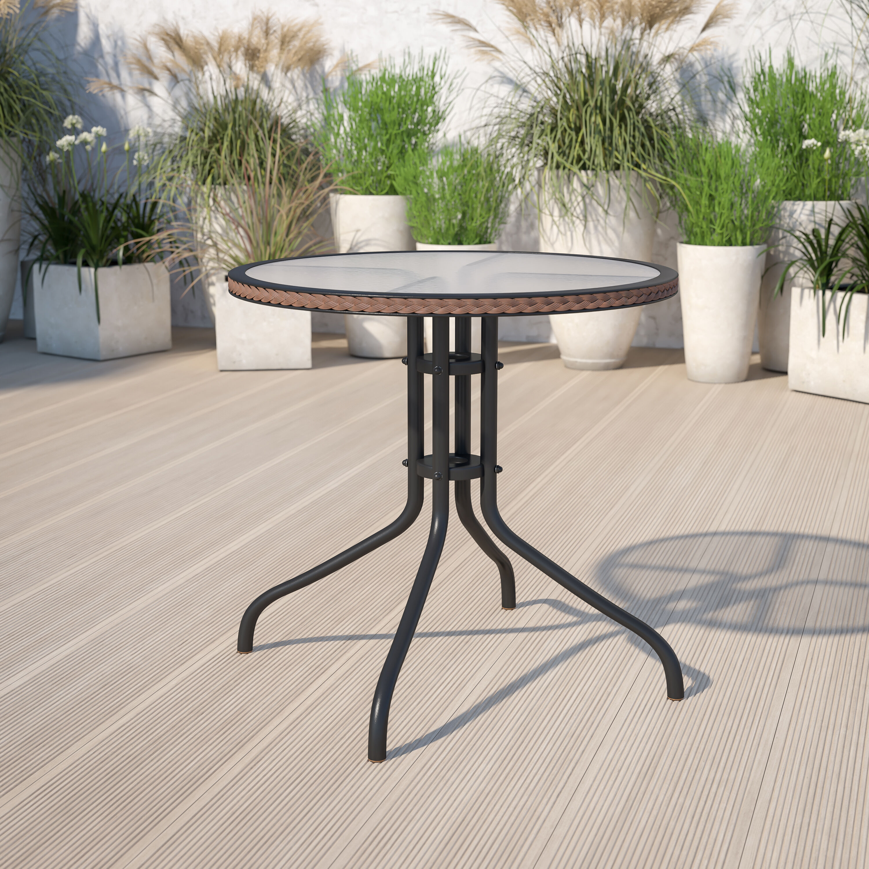 28'' Round Clear Glass Table with Dark Brown Rattan Edging