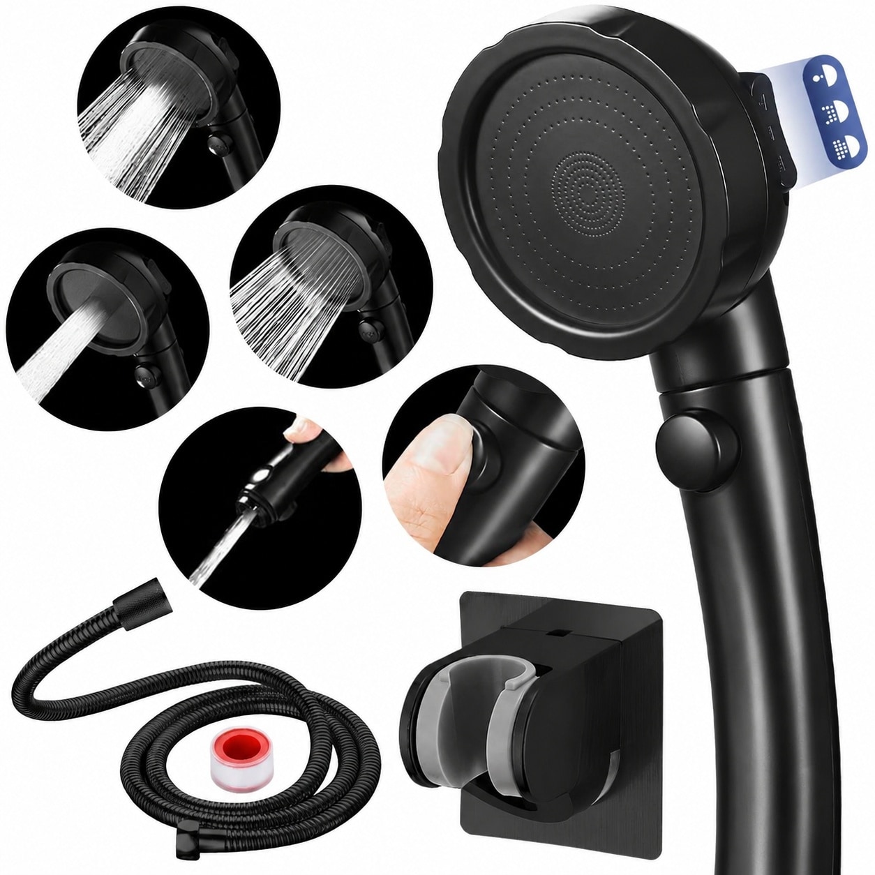 Anqtovp  High Pressure Shower Head with Pause Button Three Spray Modes Water Saving Handheld Shower Set for RV Camper Bathroom Includes Hose and
