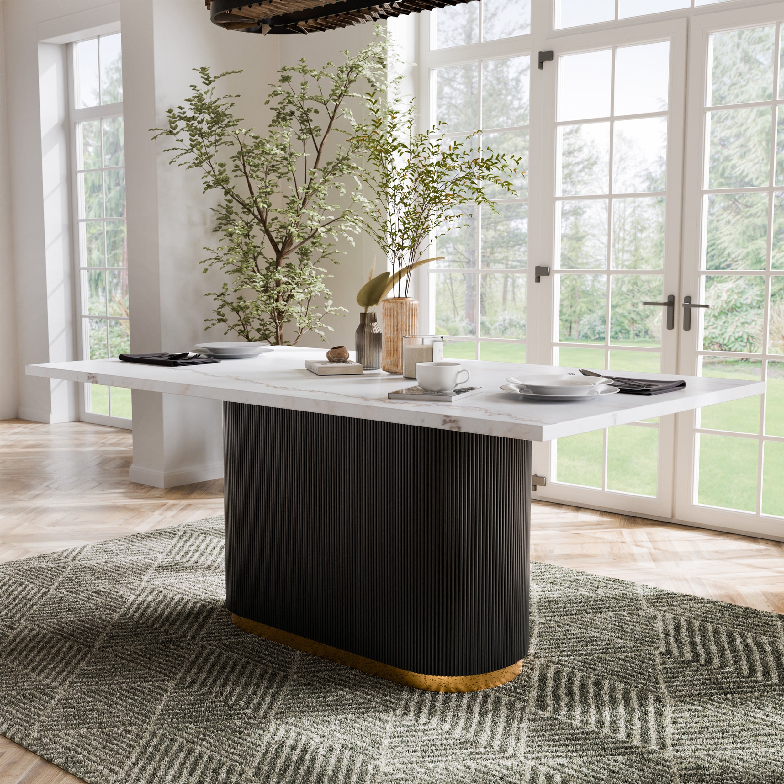 Modern Black and White Marble Top Dining Table with Gold Trim