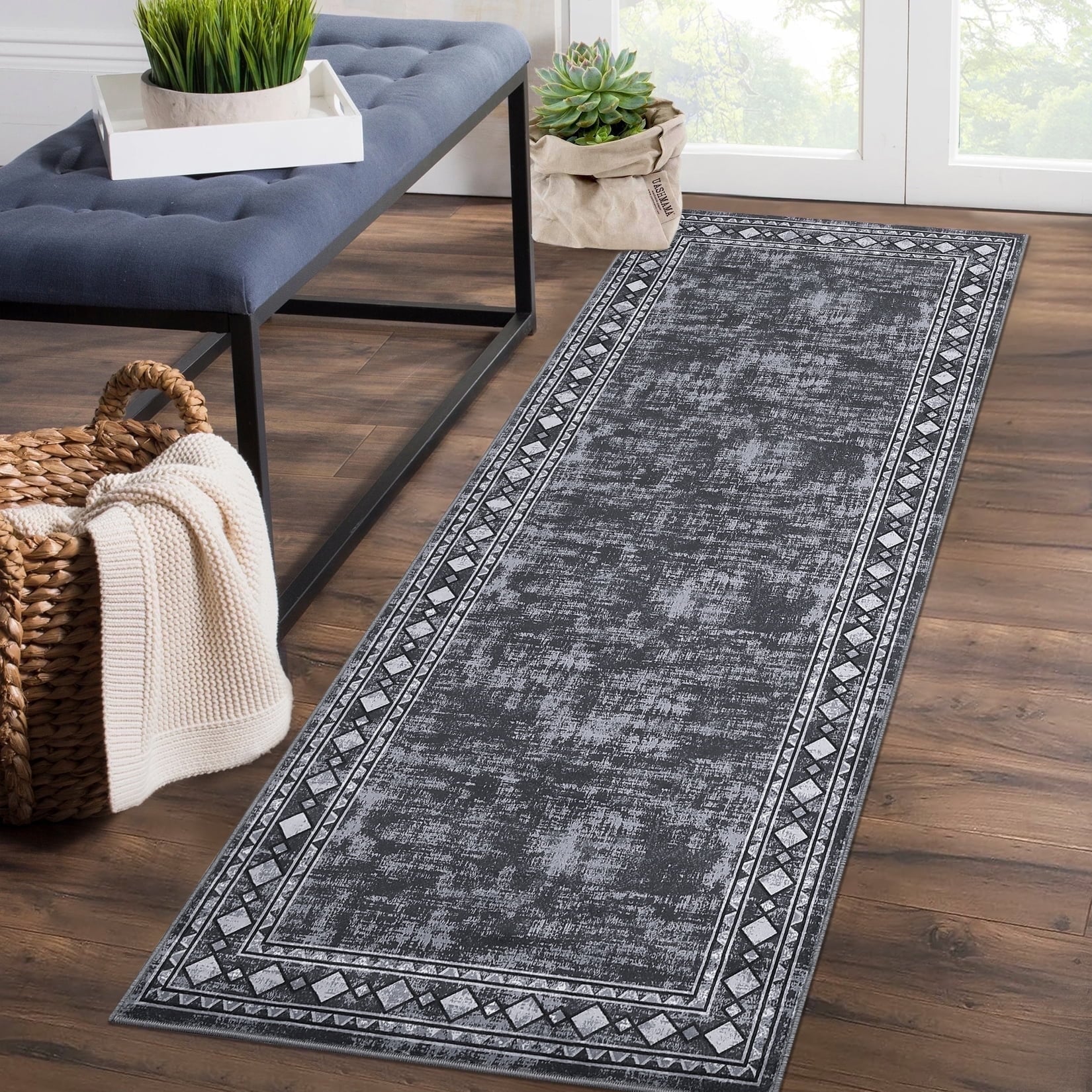 2x6 Bordered Runner Rug Non-Slip Washable Low Pile Stain Resistant Carpet for Hallway Kitchen Bathroom Gray