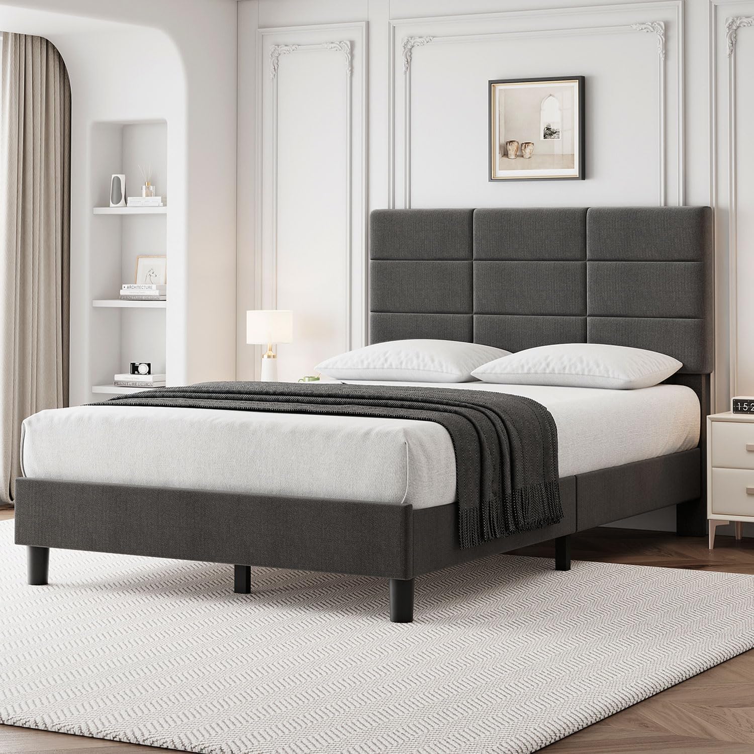 Qeetex LHF-BED-PHO-10JXKPWO Twin Size Bed Frame with Adjustable Headboard Linen Upholstered Twin Platform Bed Frame with Wooden Slats Support Mattress Foundation and No Box Spring Needed Grey