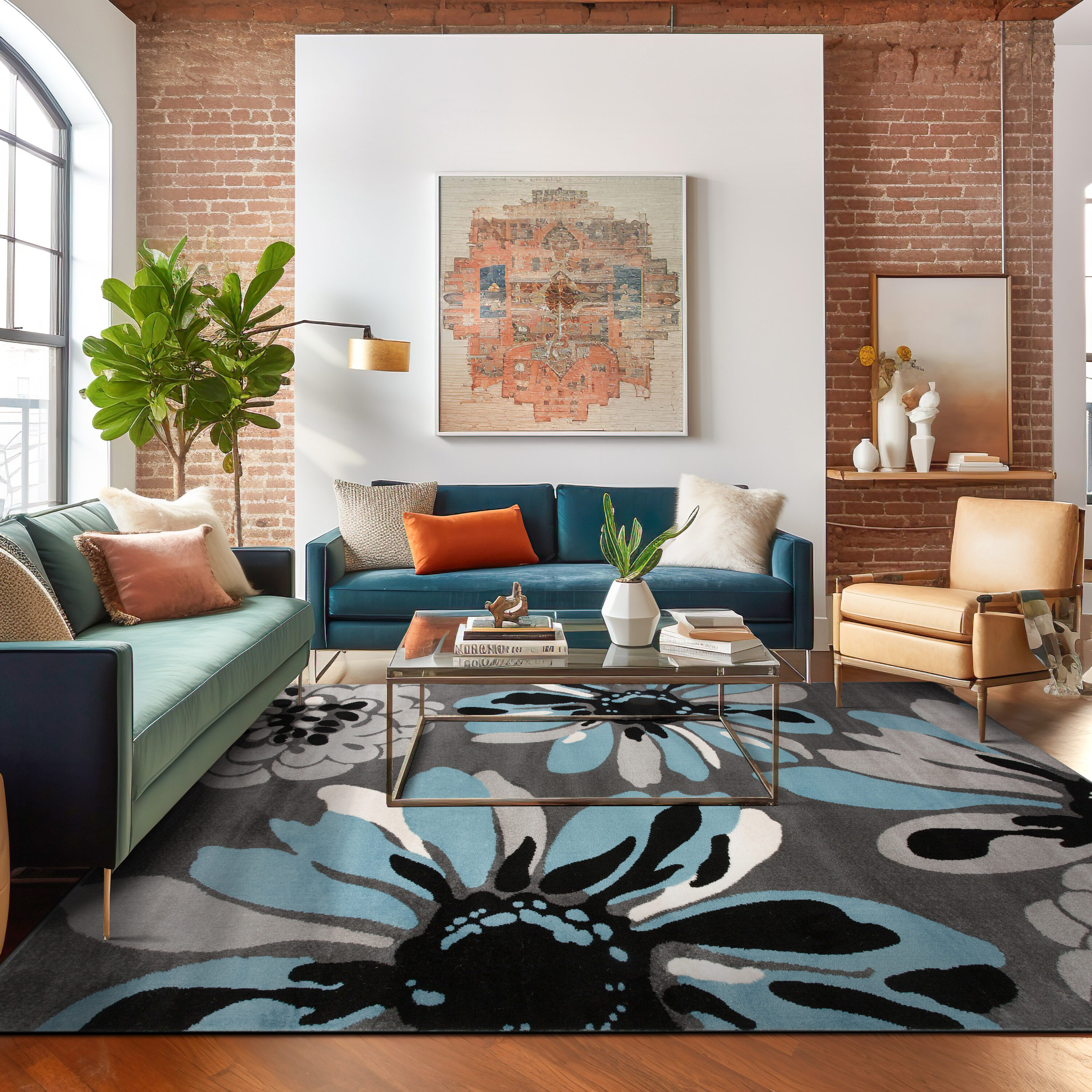 Blue and Gray Abstract Floral Synthetic Area Rug 8'8" x 12'