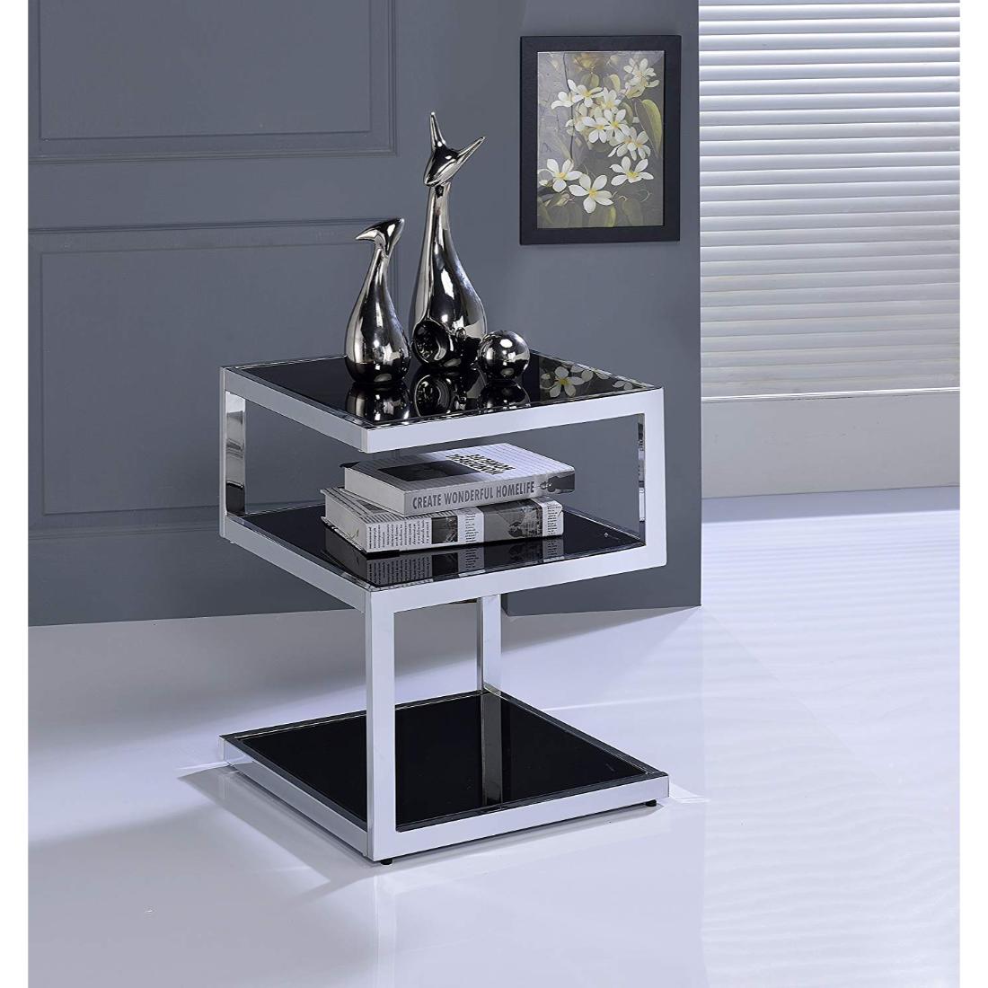 Alysa 16'' Black Glass & Stainless Steel 3-Tier End Table