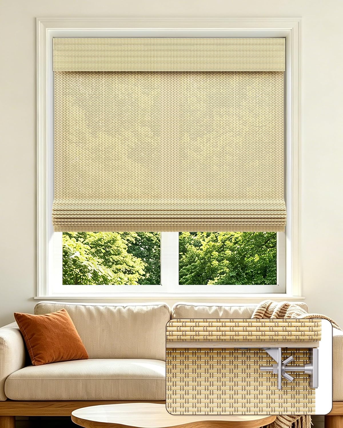 EFCUT Cordless No Drill Light Filtering Bamboo Roman Shade 20 in W x 64 in H Beige Window Blind for Indoor Windows Light Filtering Privacy Light Control Bedroom Office Living Room